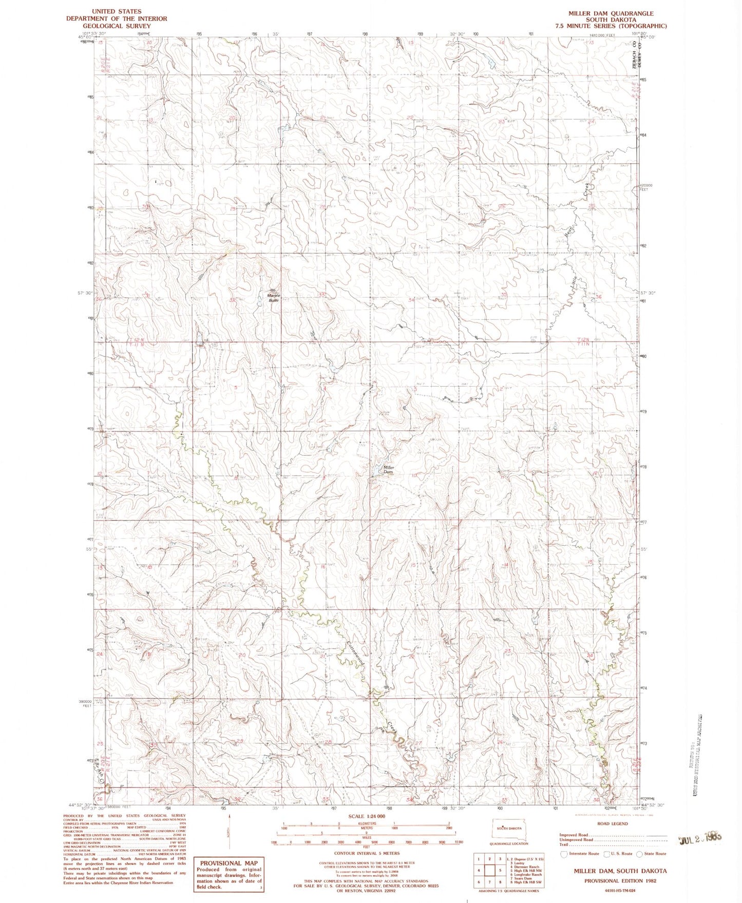 Classic USGS Miller Dam South Dakota 7.5'x7.5' Topo Map Image