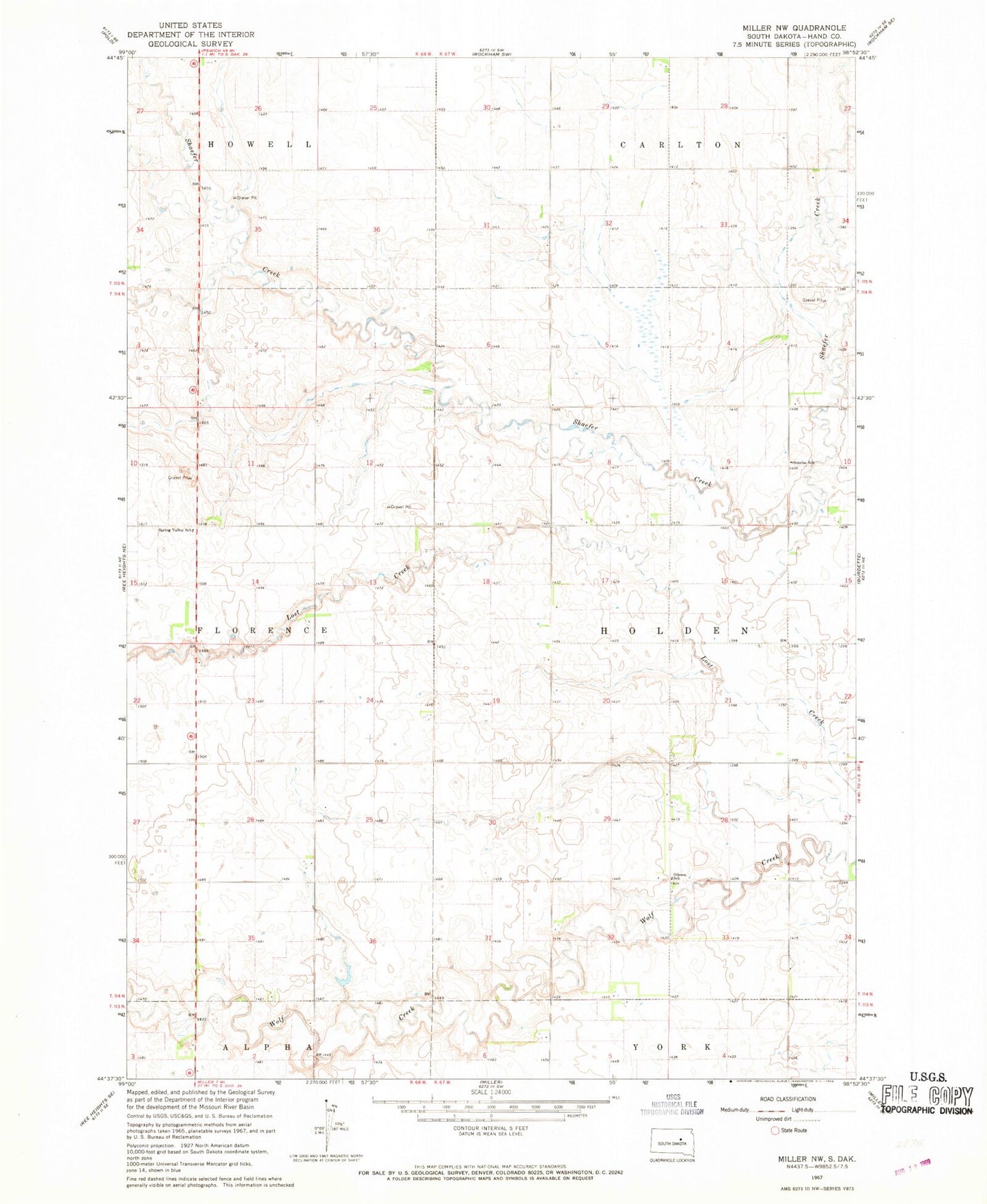 Classic USGS Miller NW South Dakota 7.5'x7.5' Topo Map Image
