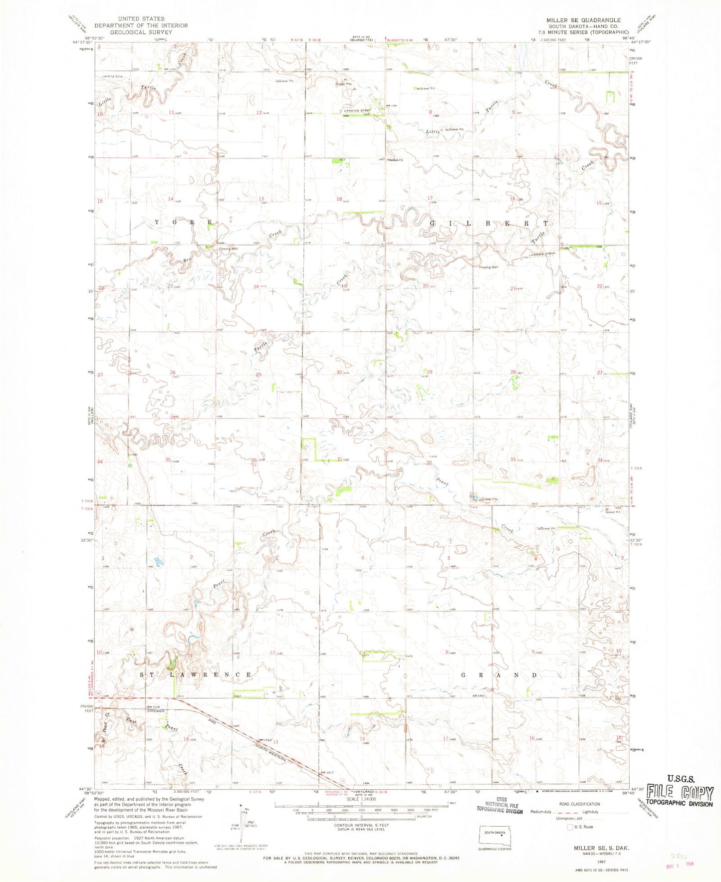 Classic USGS Miller SE South Dakota 7.5'x7.5' Topo Map Image