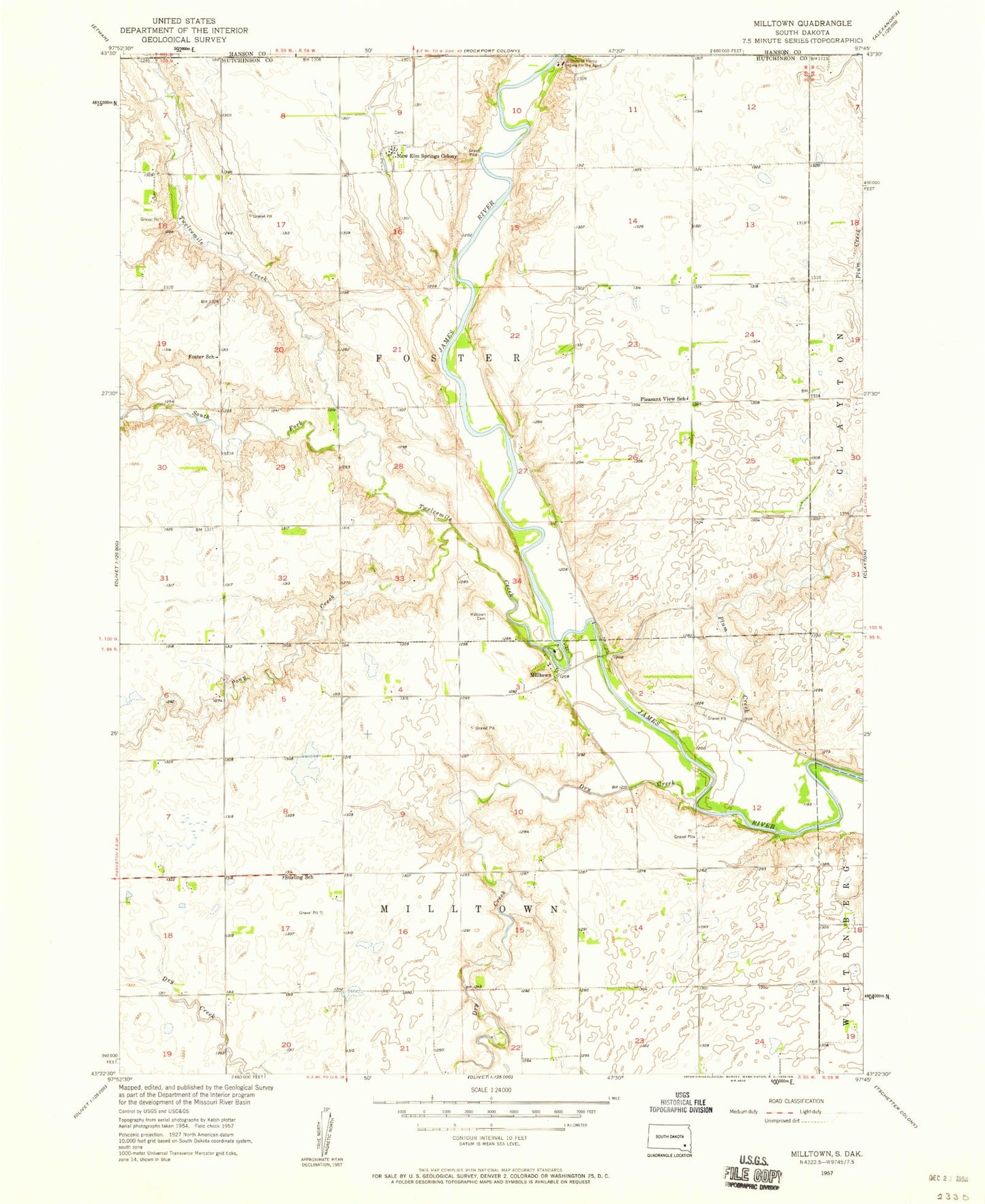 Classic USGS Milltown South Dakota 7.5'x7.5' Topo Map Image