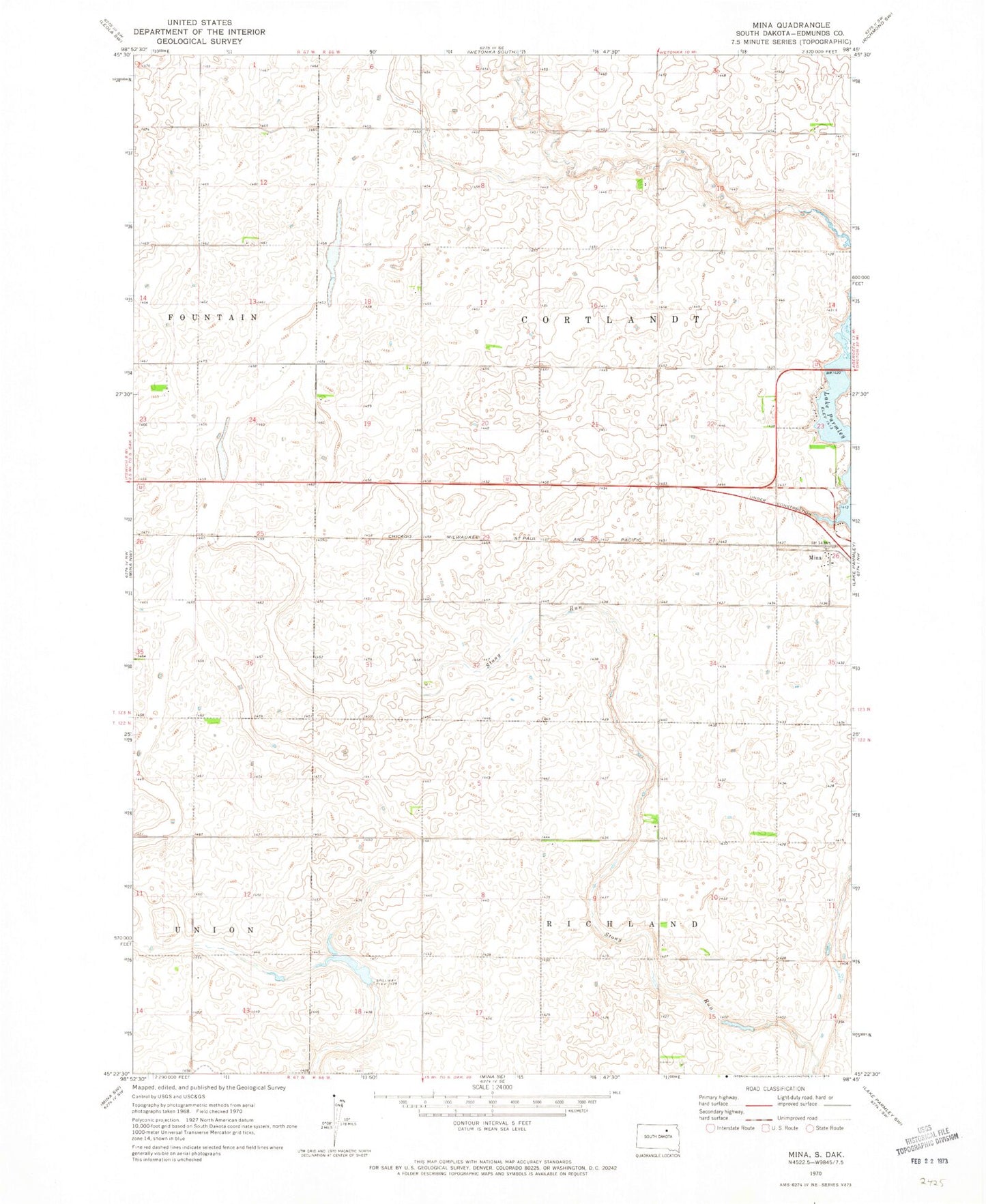 Classic USGS Mina South Dakota 7.5'x7.5' Topo Map Image