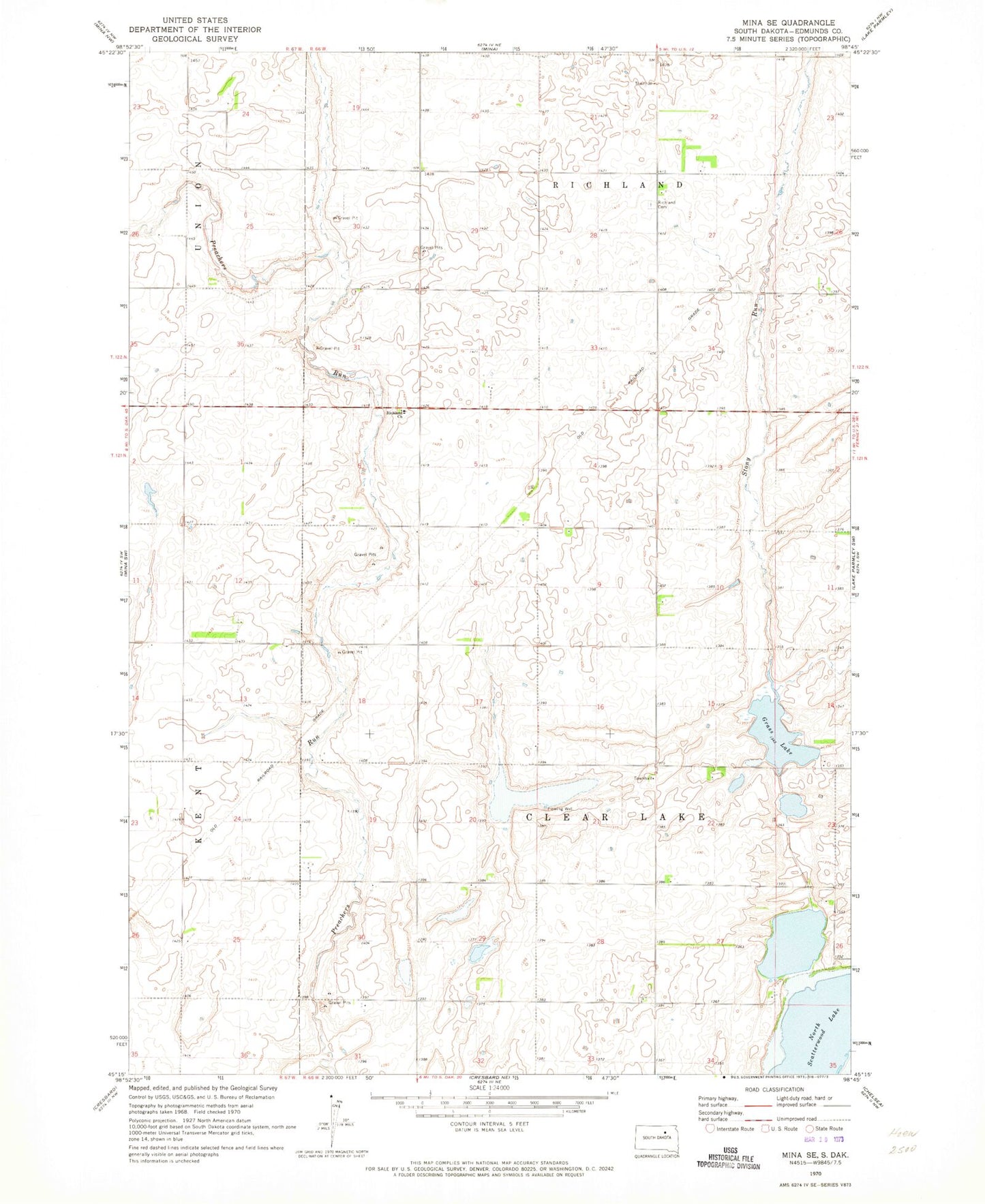 Classic USGS Mina SE South Dakota 7.5'x7.5' Topo Map Image
