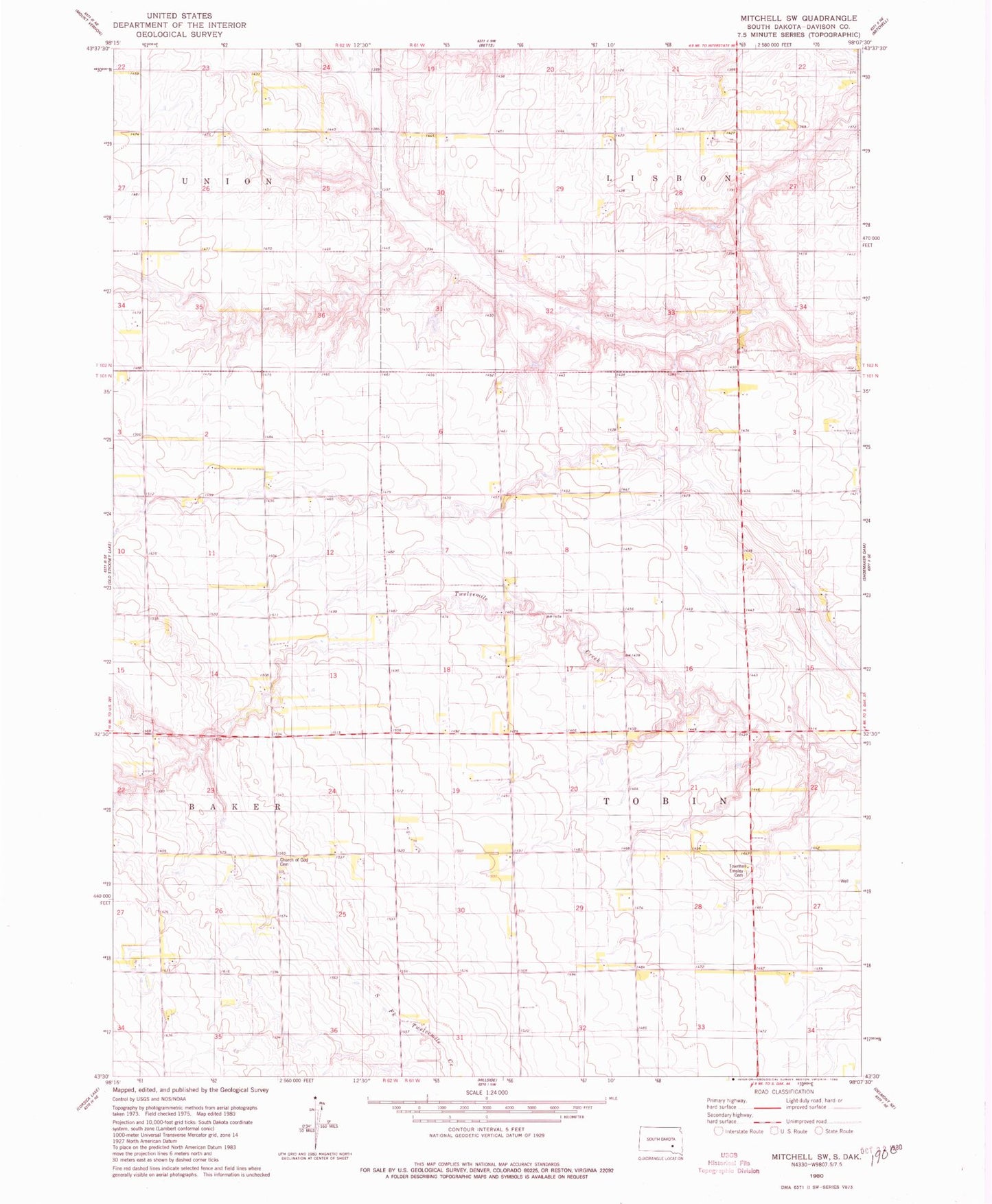 Classic USGS Mitchell SW South Dakota 7.5'x7.5' Topo Map Image