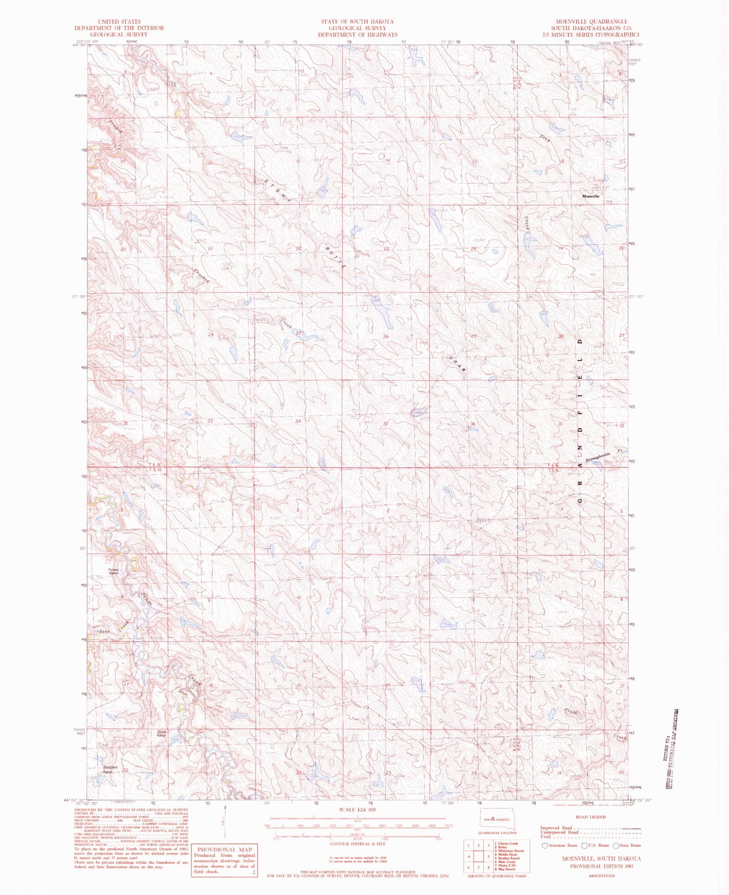 Classic USGS Moenville South Dakota 7.5'x7.5' Topo Map Image