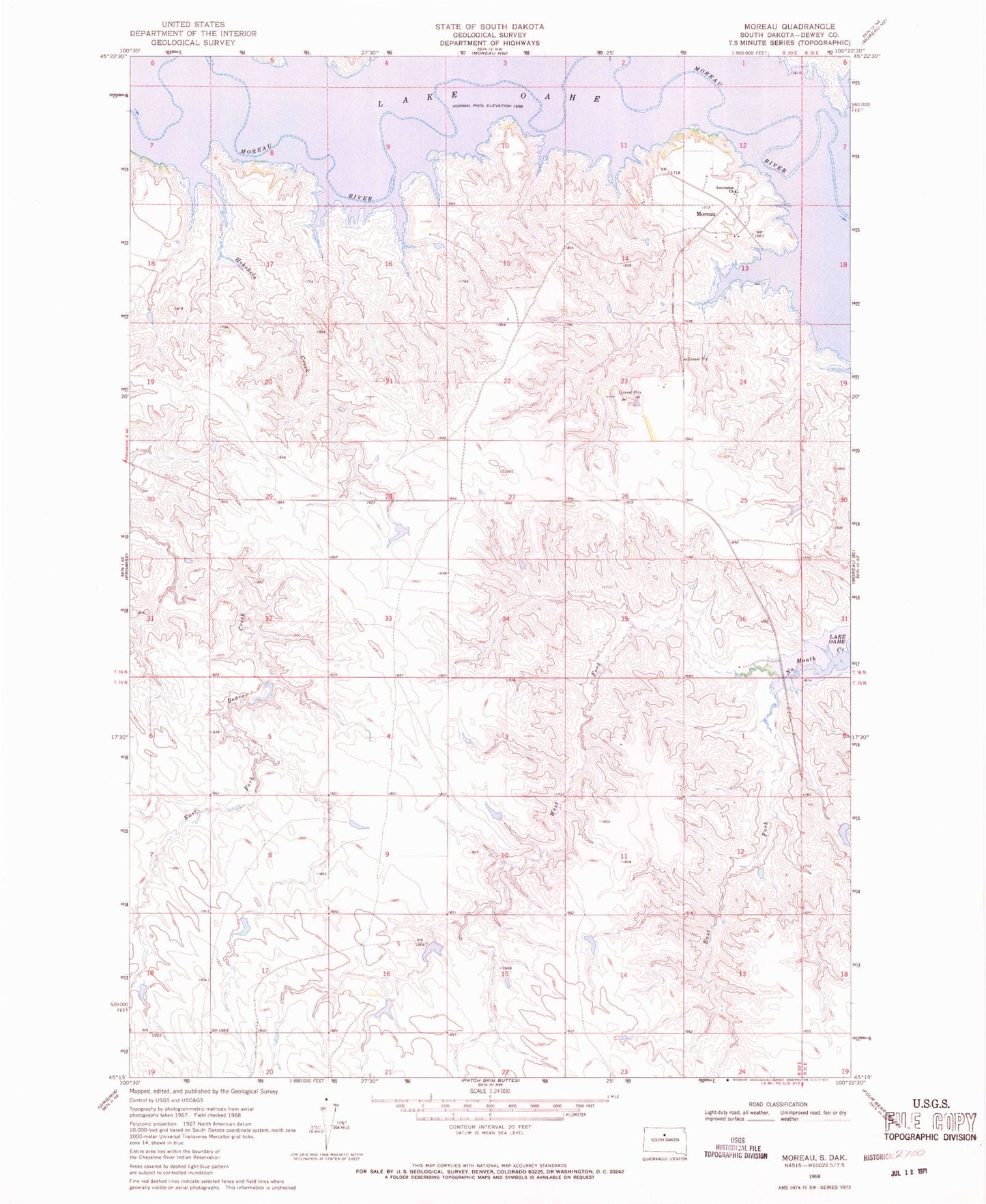 Classic USGS Moreau South Dakota 7.5'x7.5' Topo Map Image