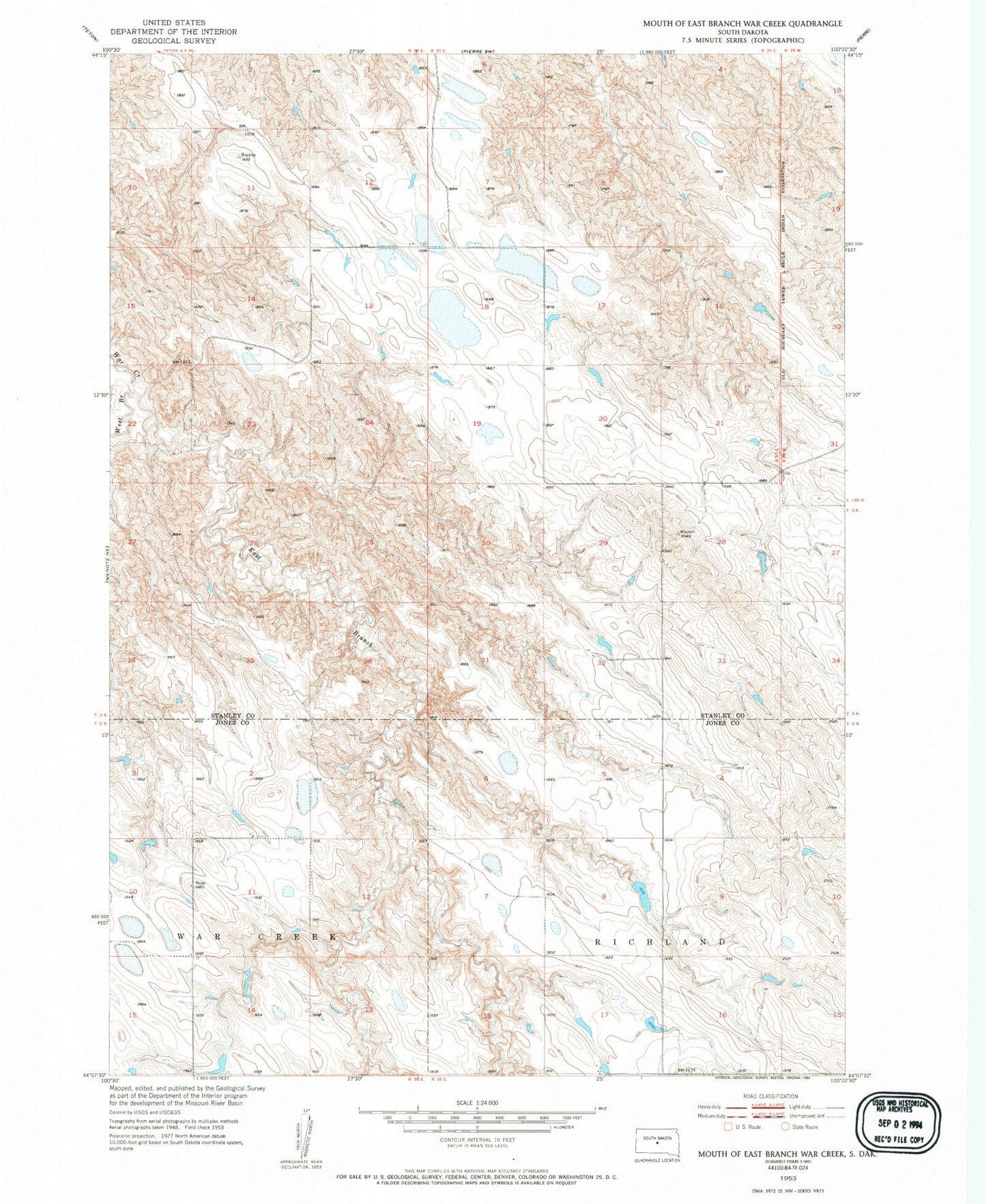Classic USGS Mouth of East Branch War Creek South Dakota 7.5'x7.5' Topo Map Image