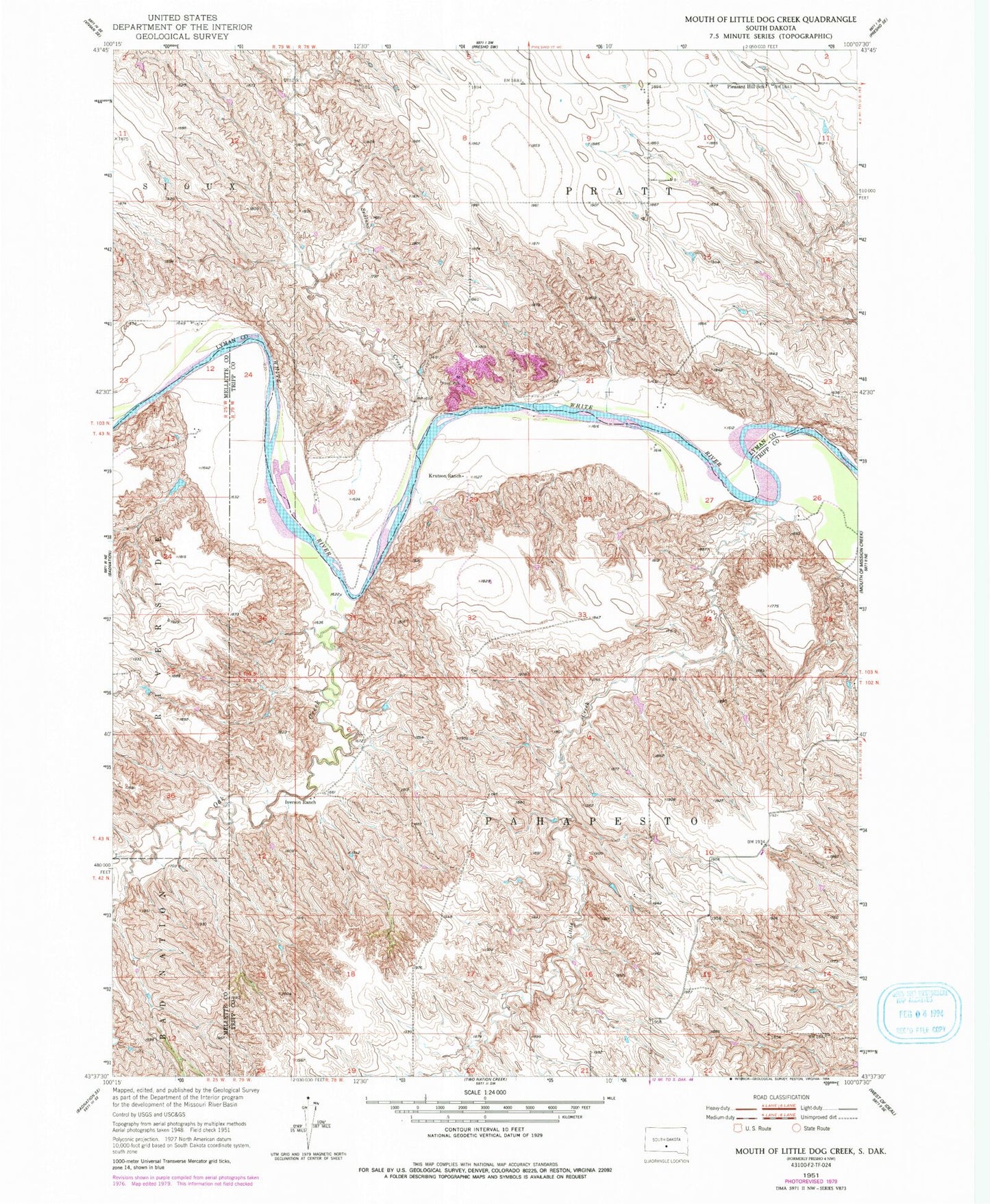 Classic USGS Mouth of Little Dog Creek South Dakota 7.5'x7.5' Topo Map Image