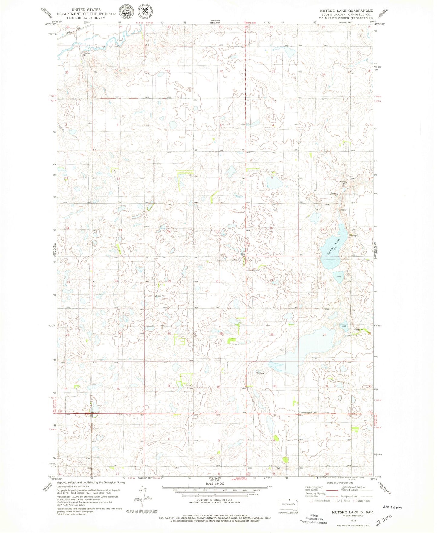 Classic USGS Mutske Lake South Dakota 7.5'x7.5' Topo Map Image