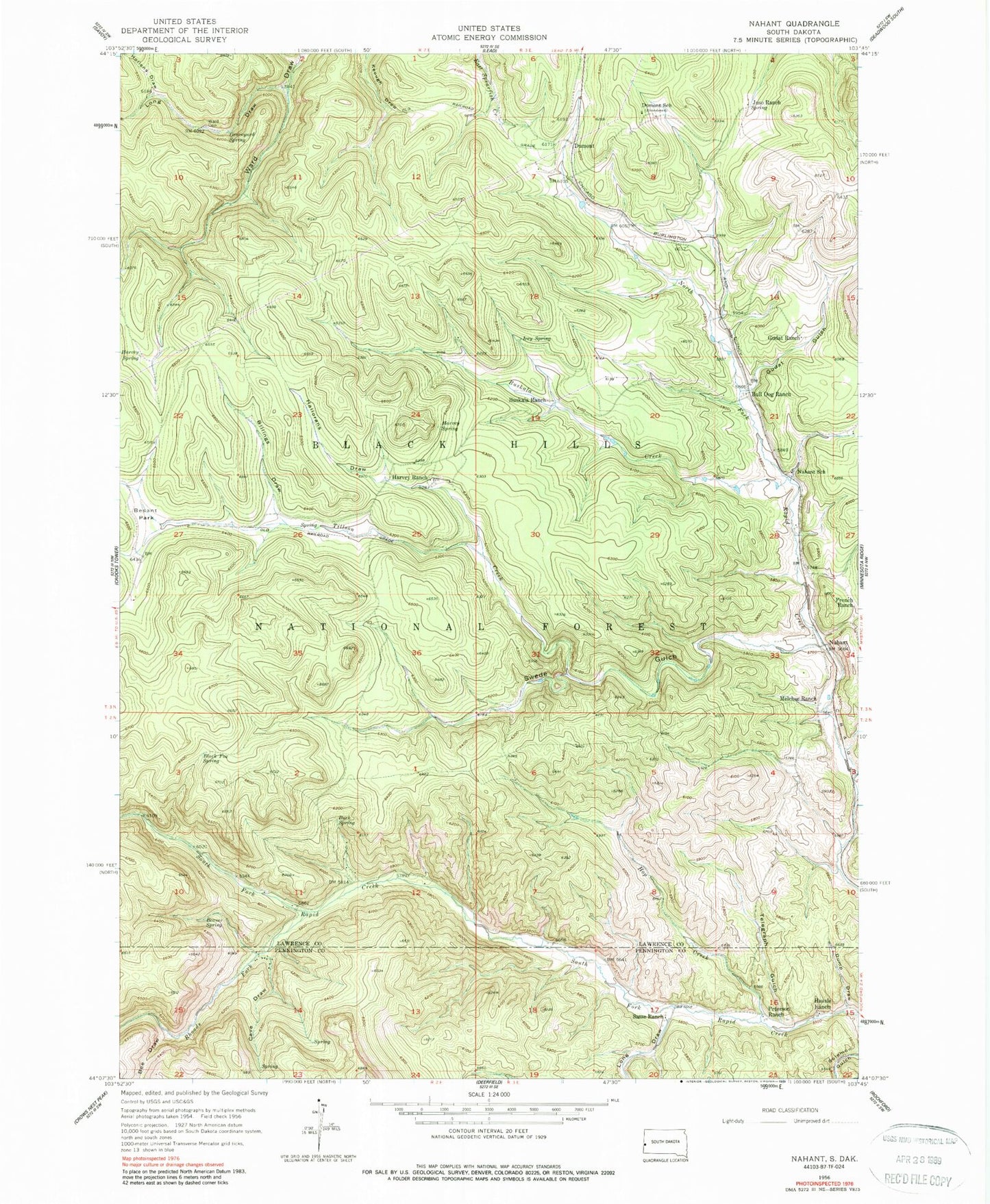 Classic USGS Nahant South Dakota 7.5'x7.5' Topo Map Image
