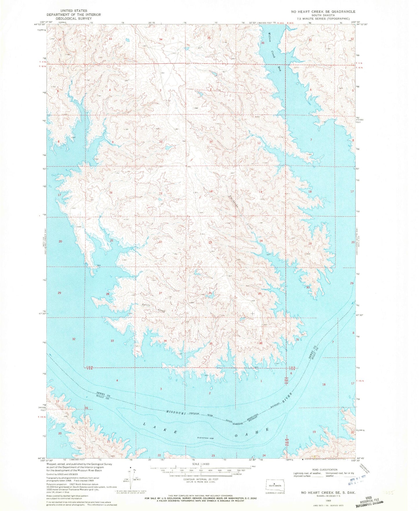 Classic USGS No Heart Creek SE South Dakota 7.5'x7.5' Topo Map Image