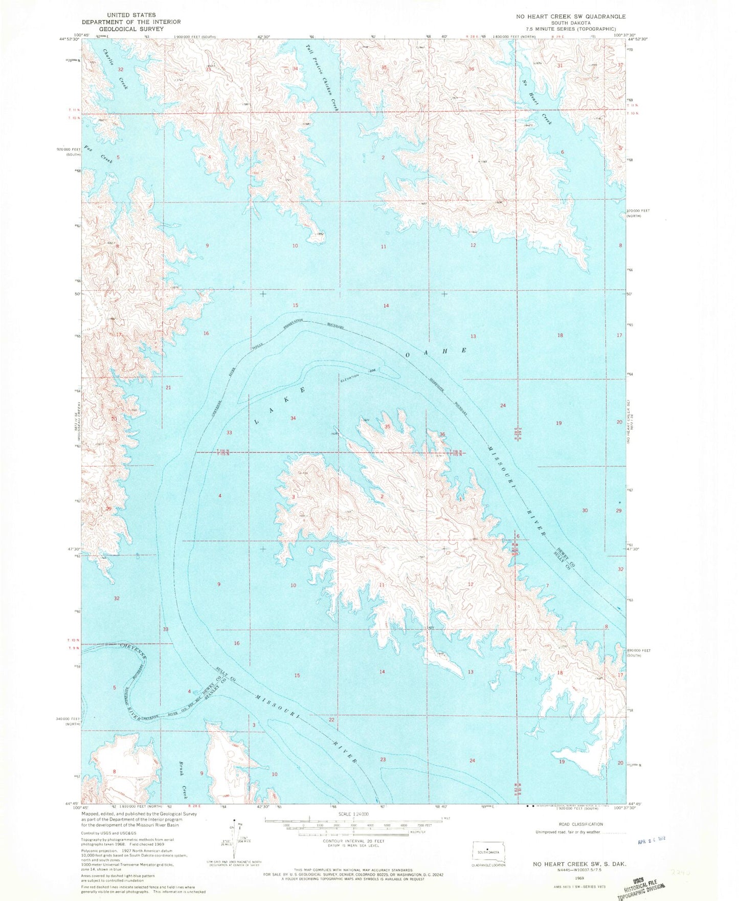 Classic USGS No Heart Creek SW South Dakota 7.5'x7.5' Topo Map Image