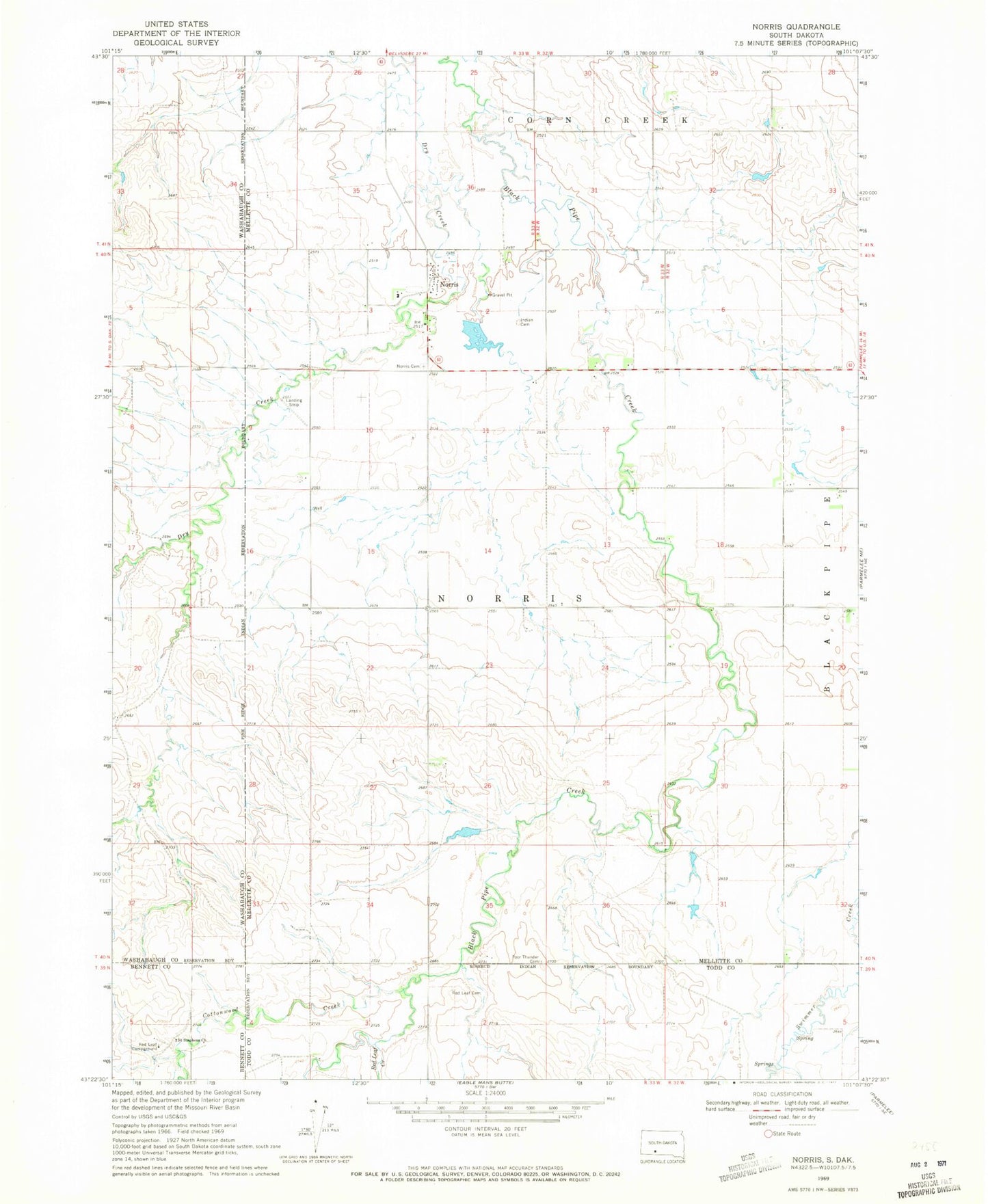 Classic USGS Norris South Dakota 7.5'x7.5' Topo Map Image