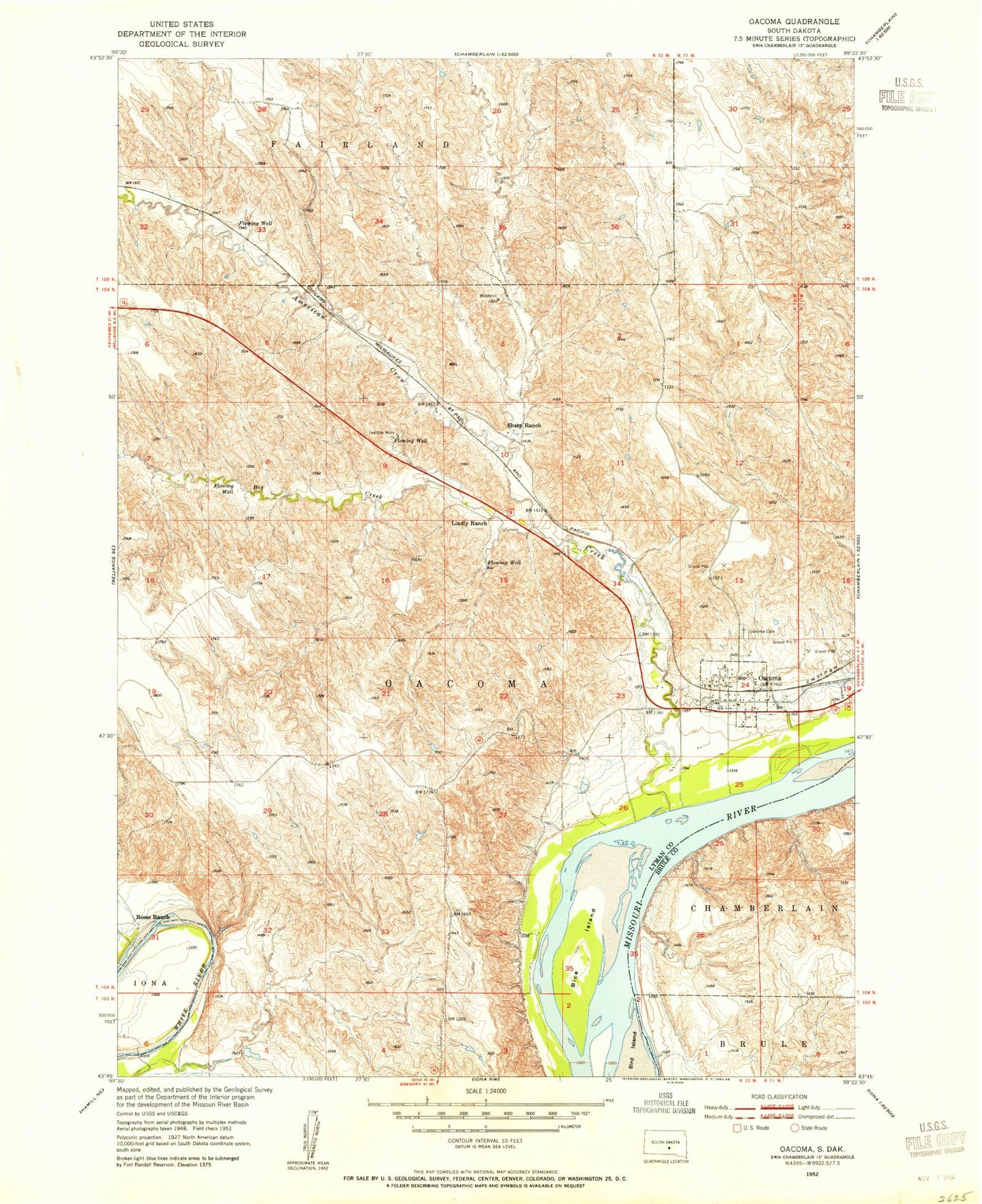 Classic USGS Oacoma South Dakota 7.5'x7.5' Topo Map Image