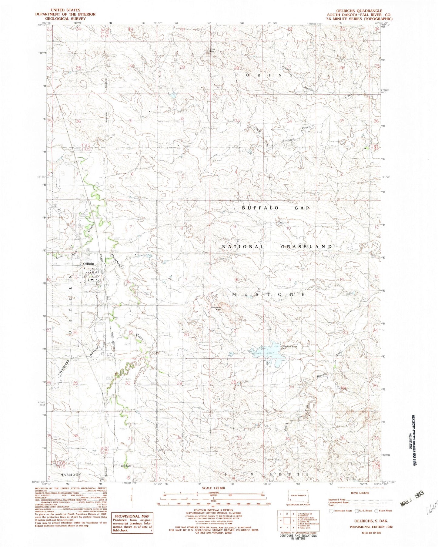 Classic USGS Oelrichs South Dakota 7.5'x7.5' Topo Map Image