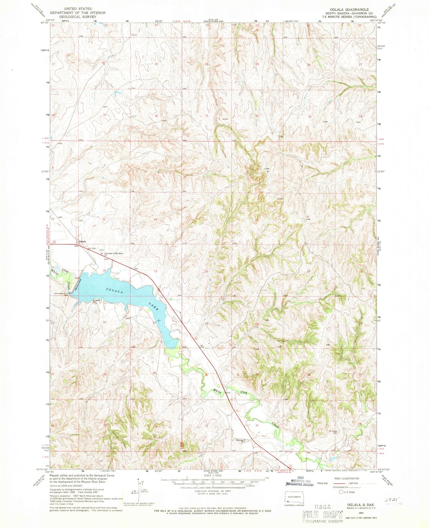 Classic USGS Oglala South Dakota 7.5'x7.5' Topo Map Image