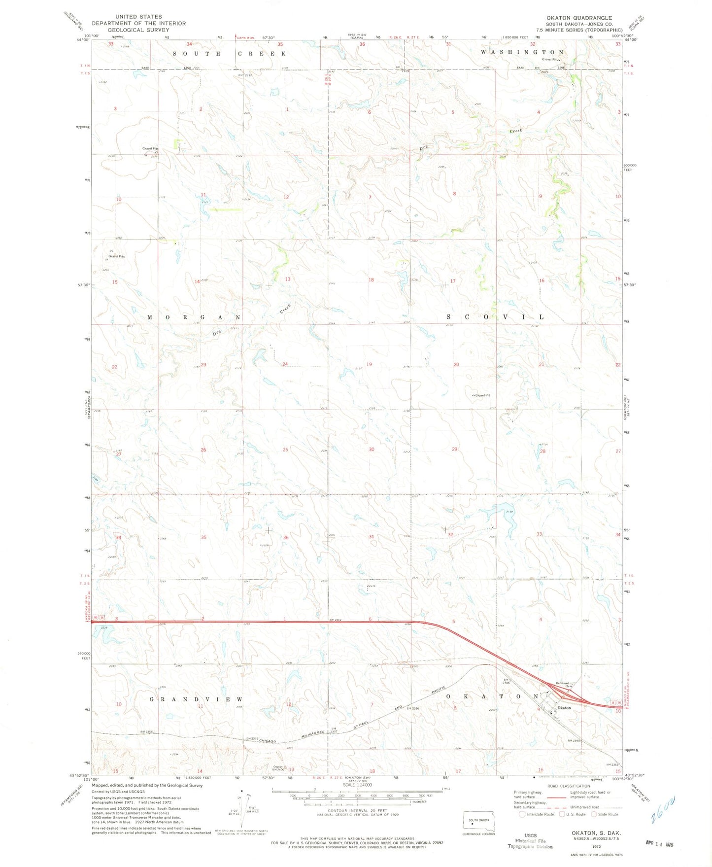 Classic USGS Okaton South Dakota 7.5'x7.5' Topo Map Image