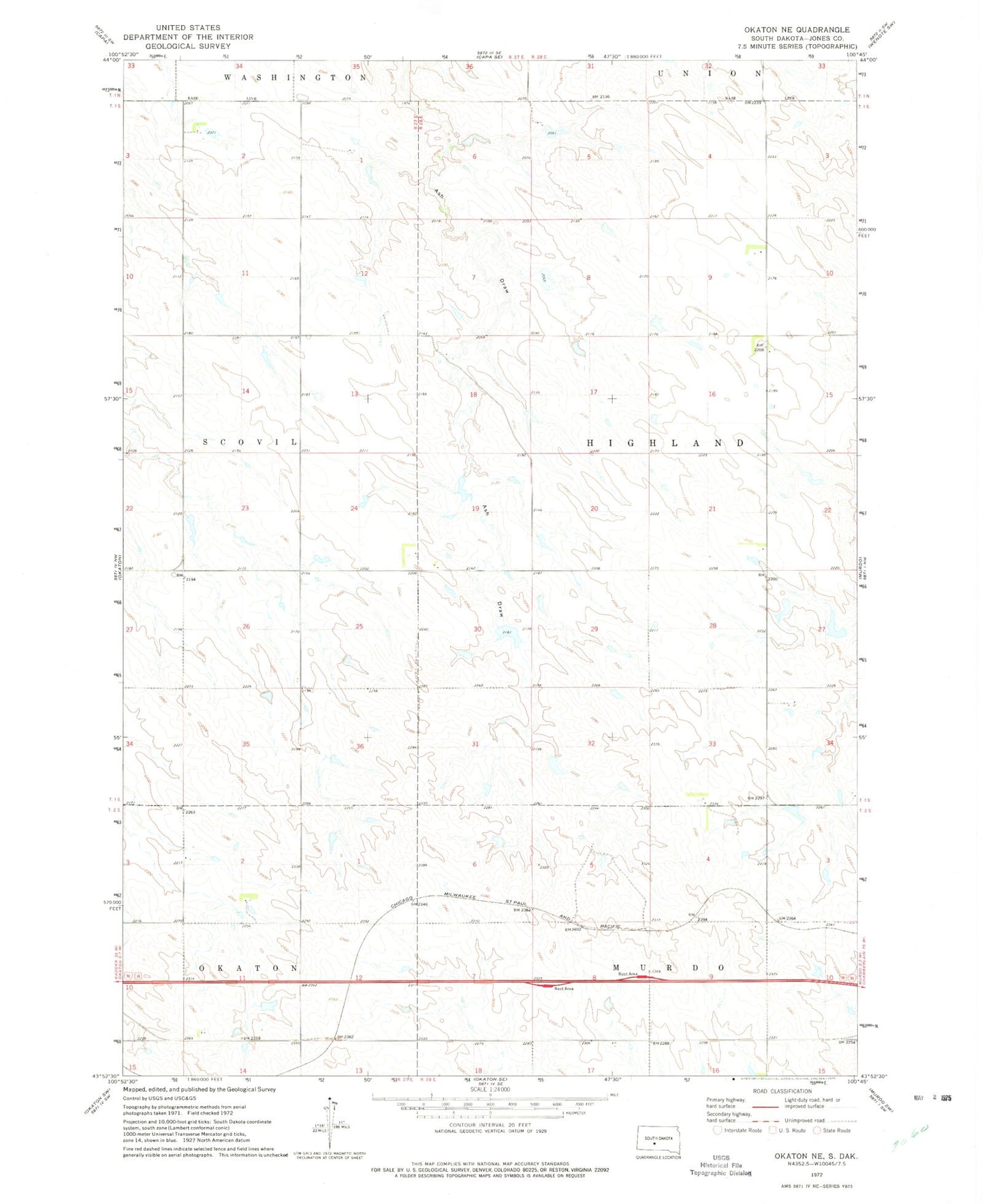 Classic USGS Okaton NE South Dakota 7.5'x7.5' Topo Map Image