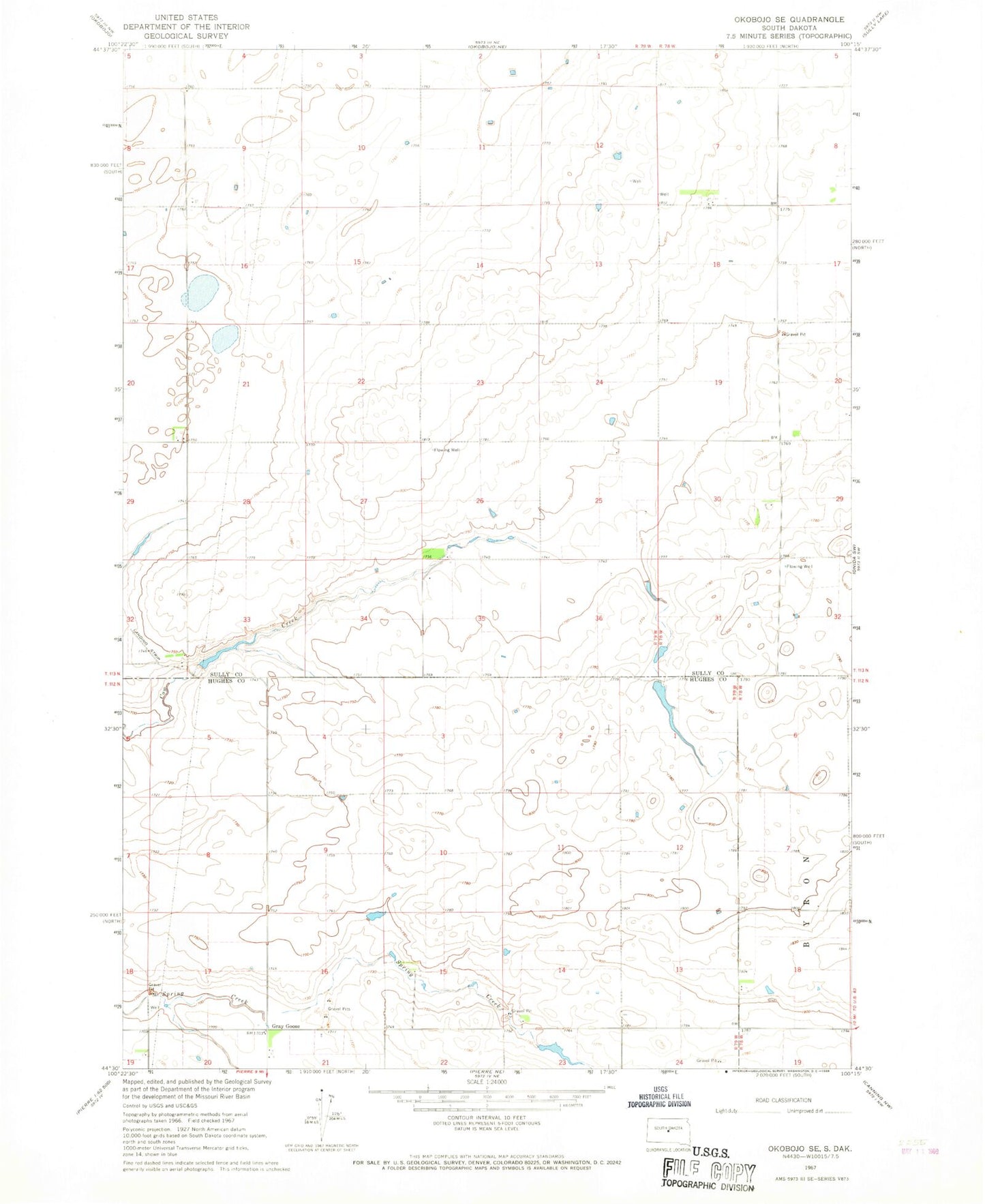 Classic USGS Okobojo SE South Dakota 7.5'x7.5' Topo Map Image