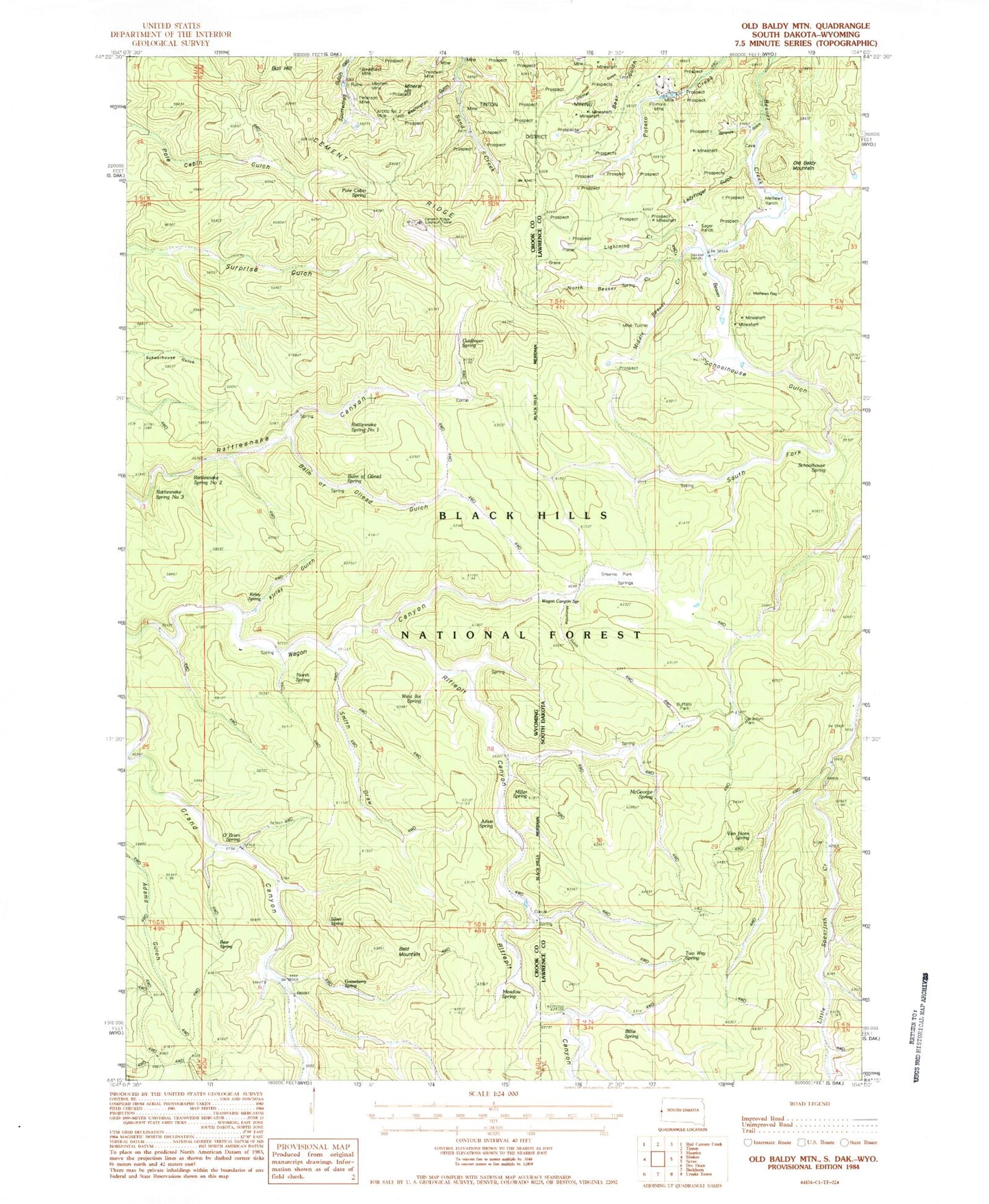 Classic USGS Old Baldy Mountain South Dakota 7.5'x7.5' Topo Map Image