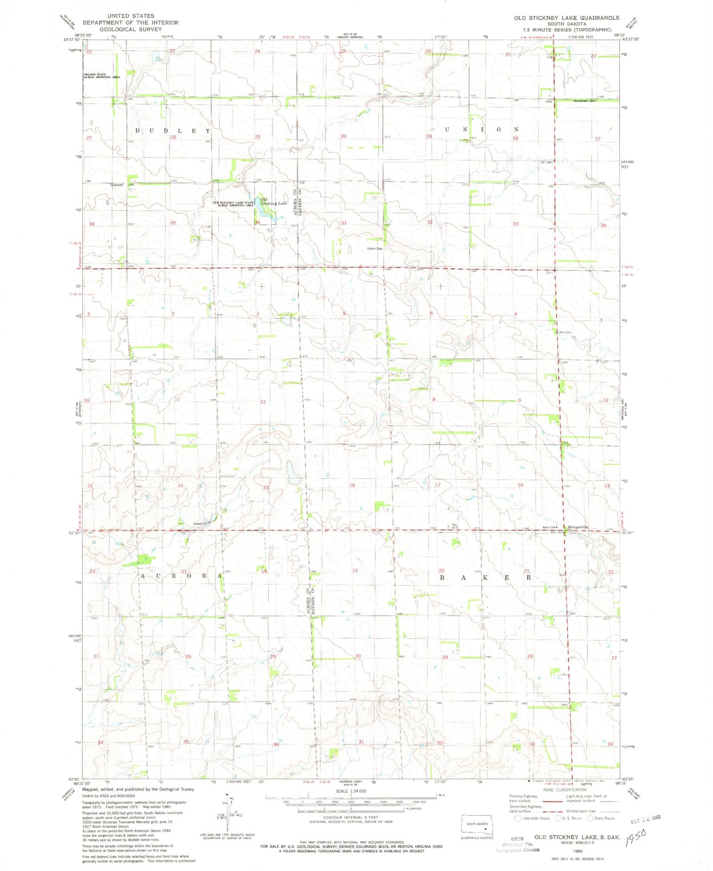 Classic USGS Old Stickney Lake South Dakota 7.5'x7.5' Topo Map Image