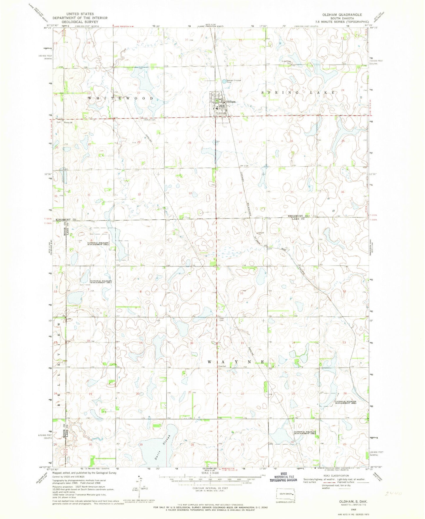 Classic USGS Oldham South Dakota 7.5'x7.5' Topo Map Image