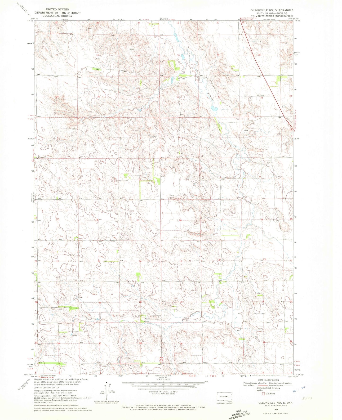 Classic USGS Olsonville NW South Dakota 7.5'x7.5' Topo Map Image