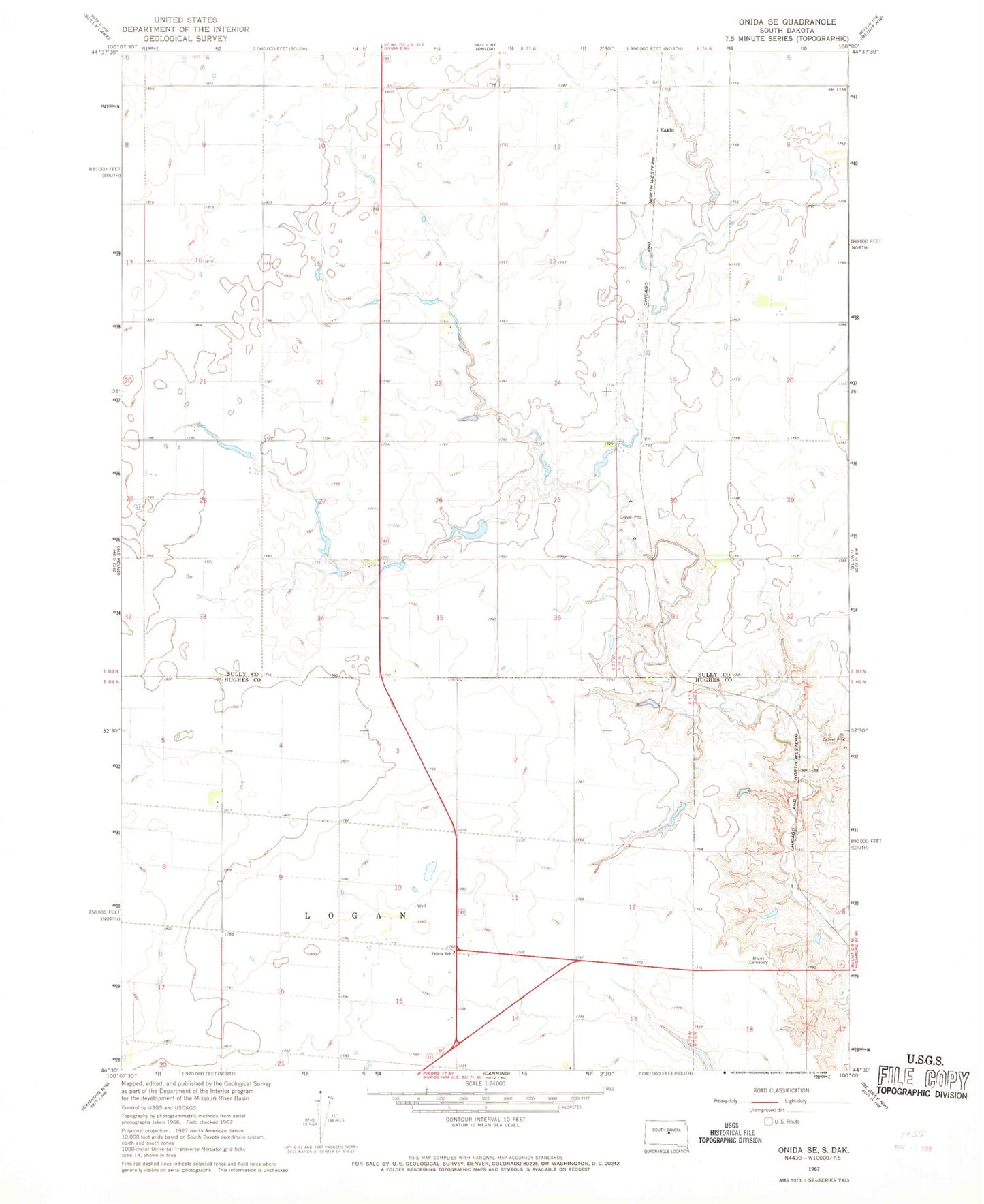 Classic USGS Onida SE South Dakota 7.5'x7.5' Topo Map Image