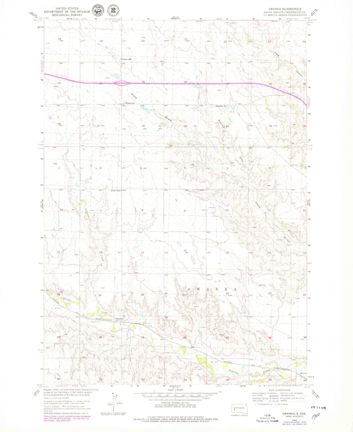 Classic USGS Owanka South Dakota 7.5'x7.5' Topo Map Image