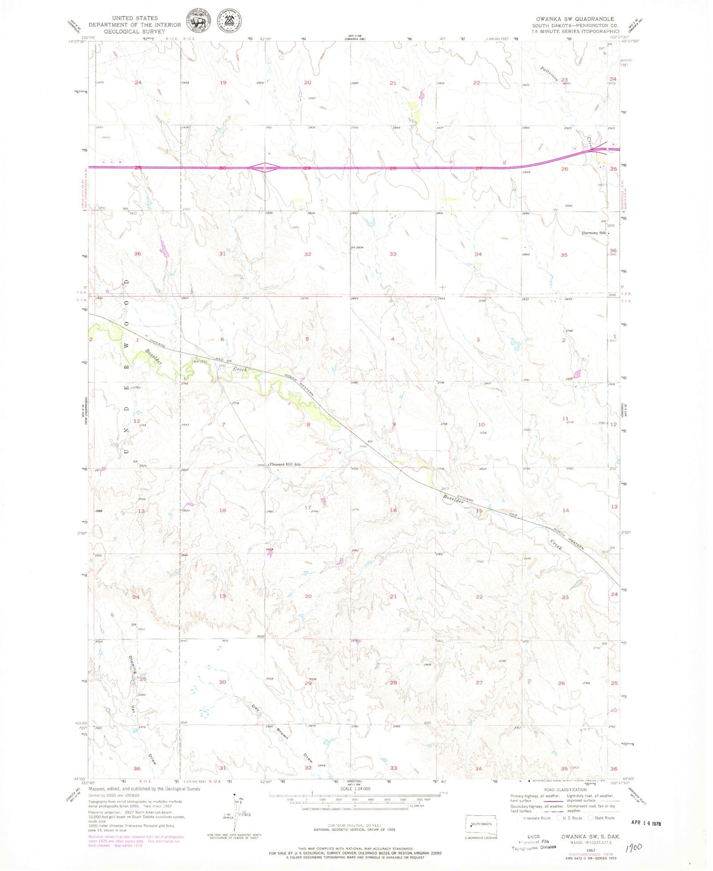 Classic USGS Owanka SW South Dakota 7.5'x7.5' Topo Map Image