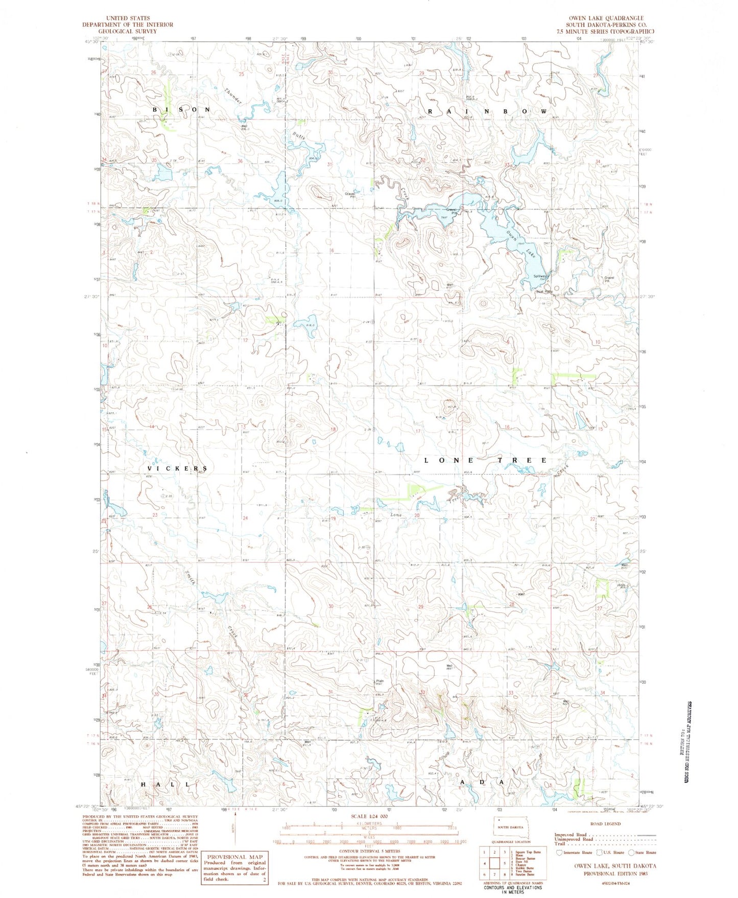 Classic USGS Owen Lake South Dakota 7.5'x7.5' Topo Map Image