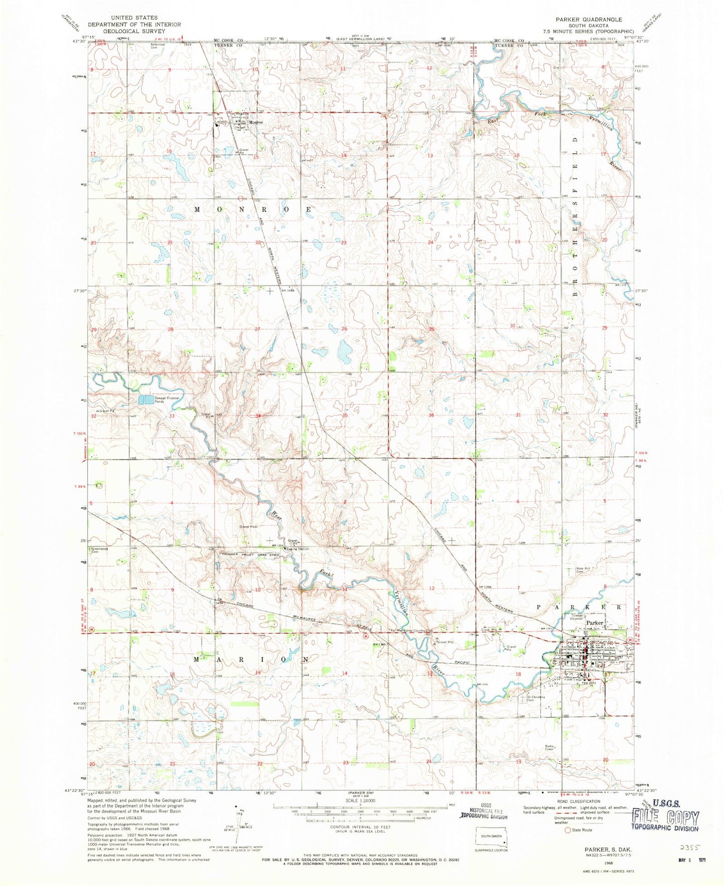 Classic USGS Parker South Dakota 7.5'x7.5' Topo Map Image