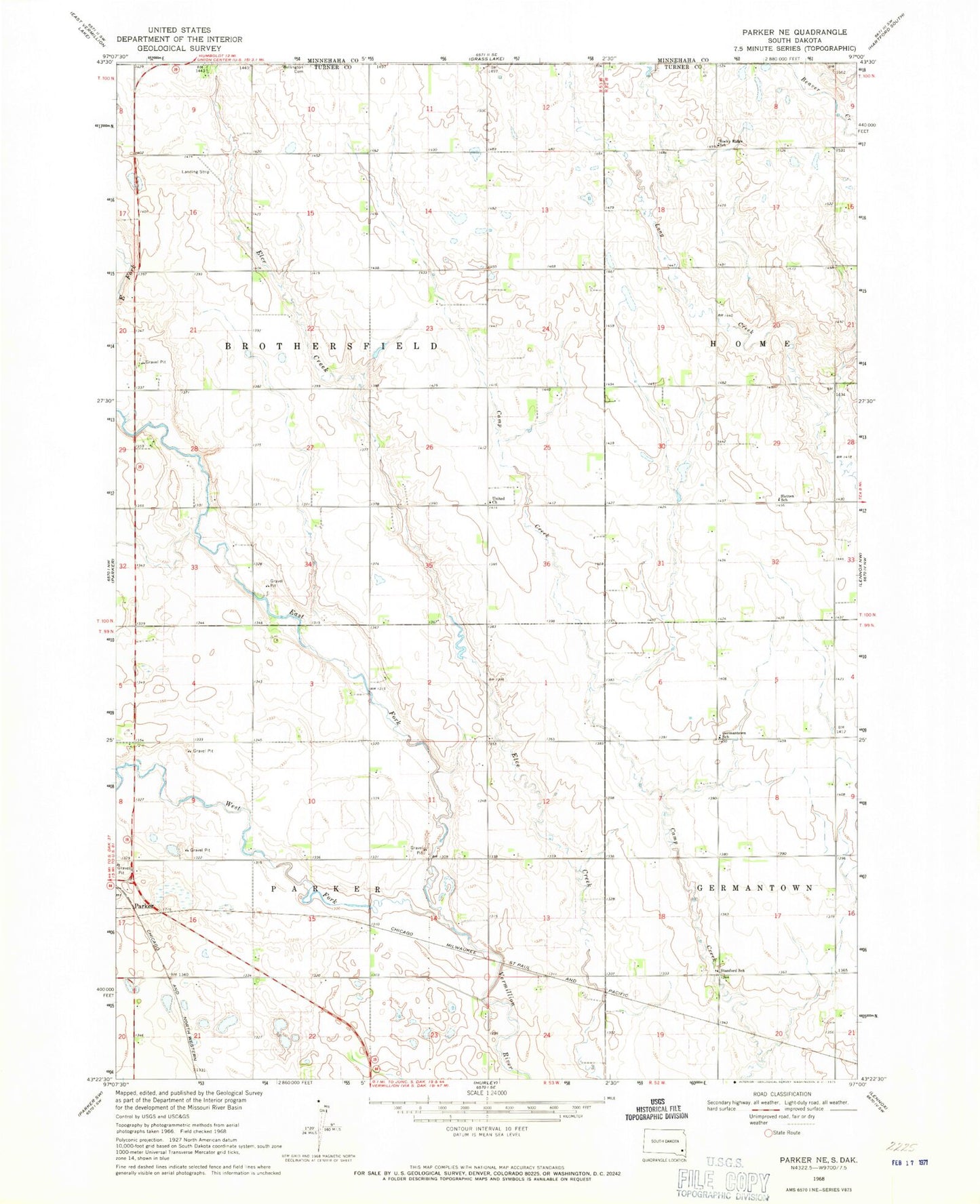Classic USGS Parker NE South Dakota 7.5'x7.5' Topo Map Image