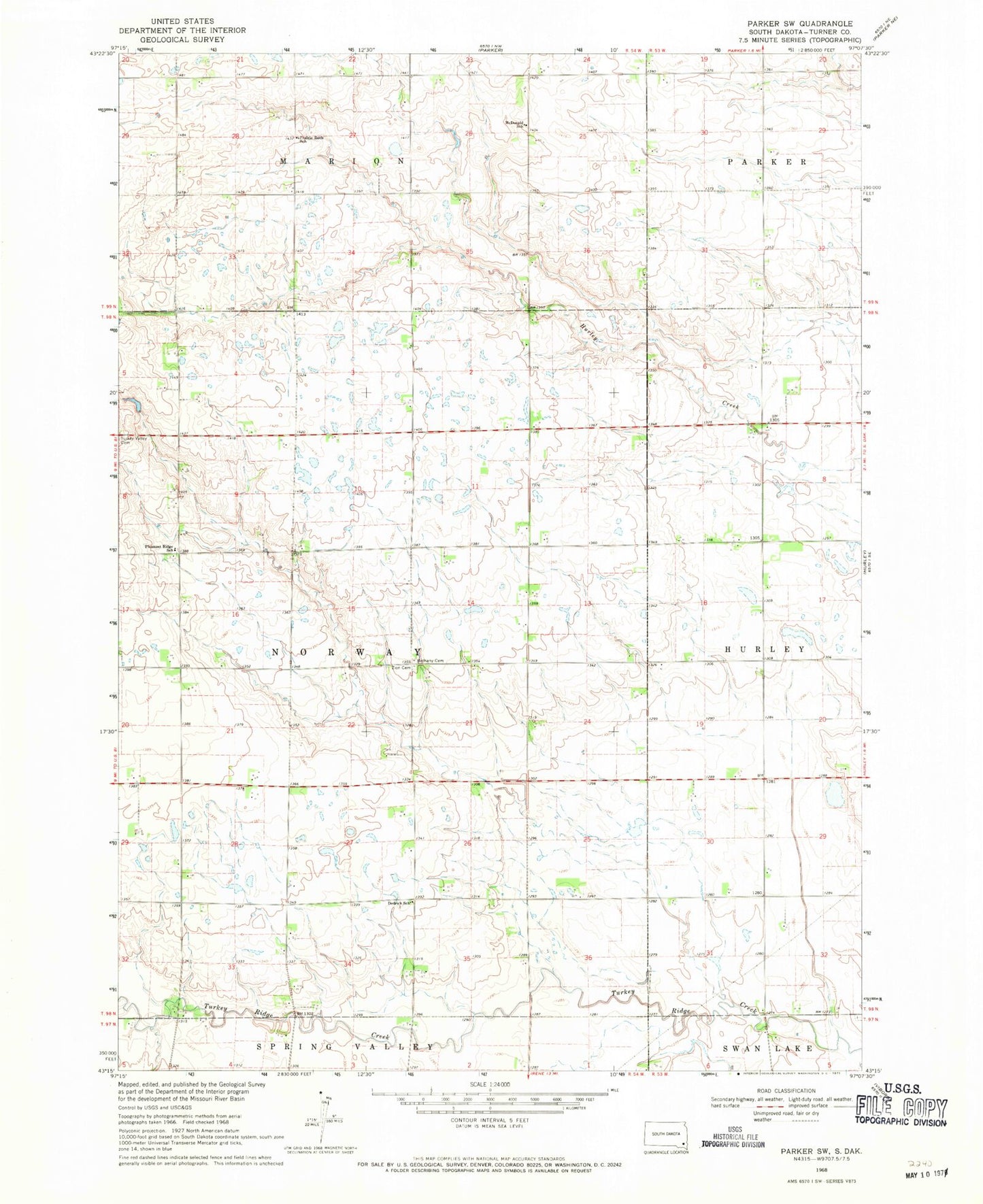 Classic USGS Parker SW South Dakota 7.5'x7.5' Topo Map Image