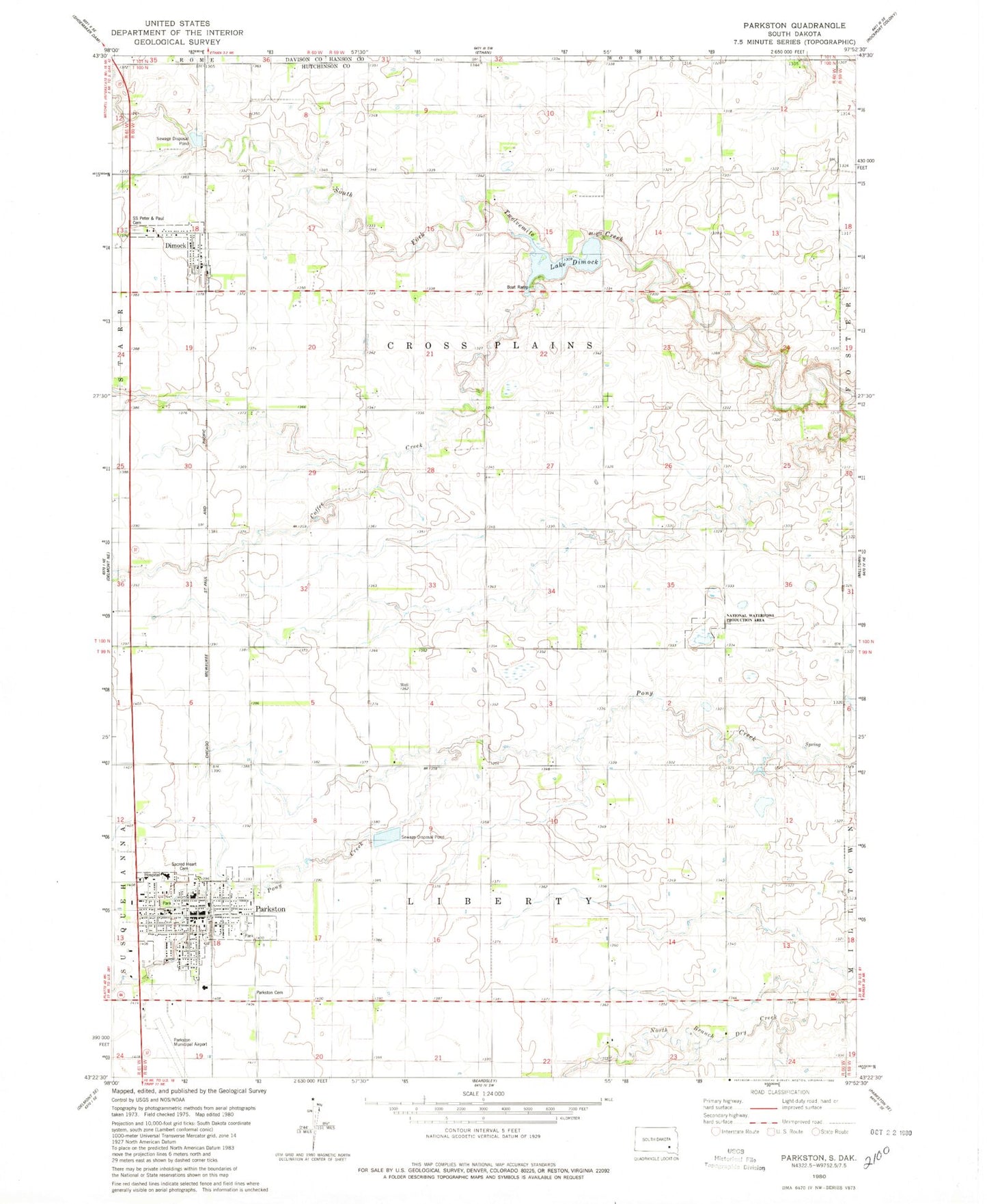 Classic USGS Parkston South Dakota 7.5'x7.5' Topo Map Image