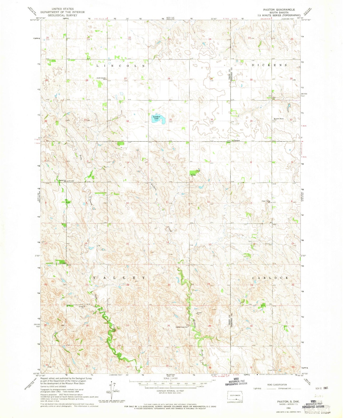 Classic USGS Paxton South Dakota 7.5'x7.5' Topo Map Image