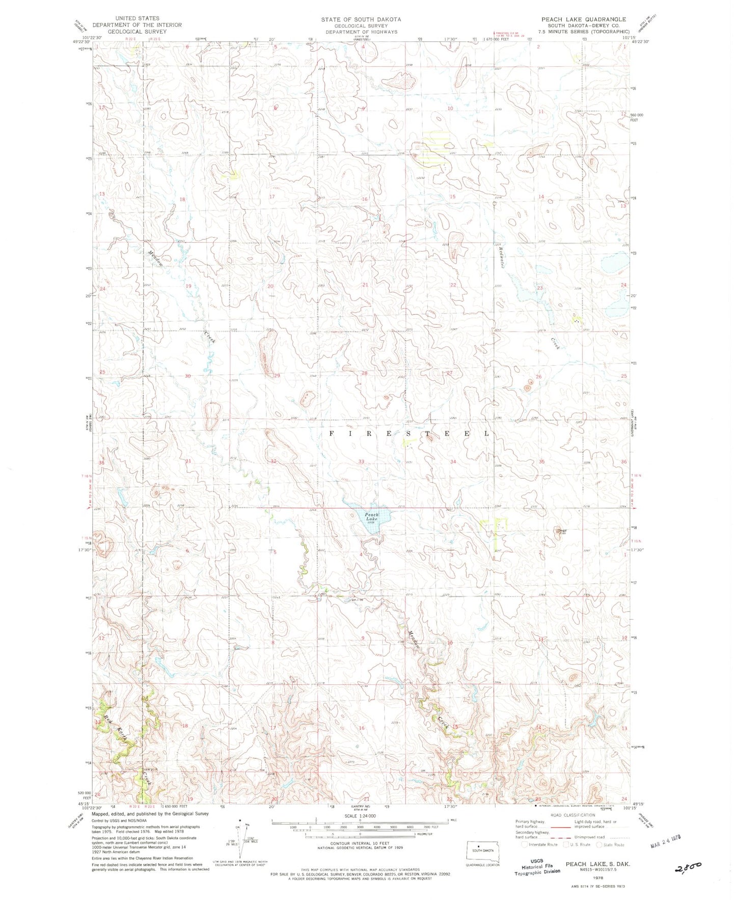 Classic USGS Peach Lake South Dakota 7.5'x7.5' Topo Map Image