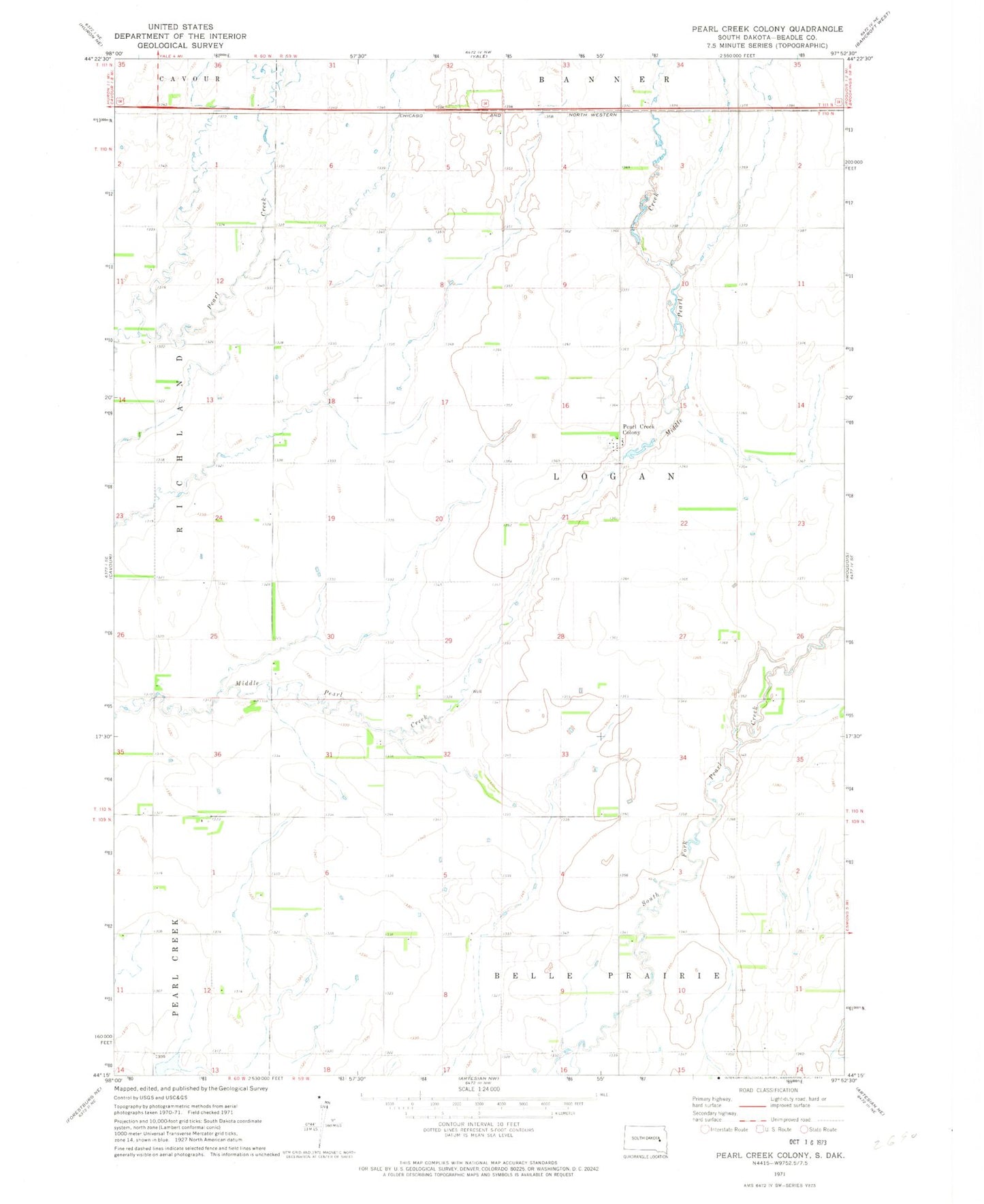 Classic USGS Pearl Creek Colony South Dakota 7.5'x7.5' Topo Map Image