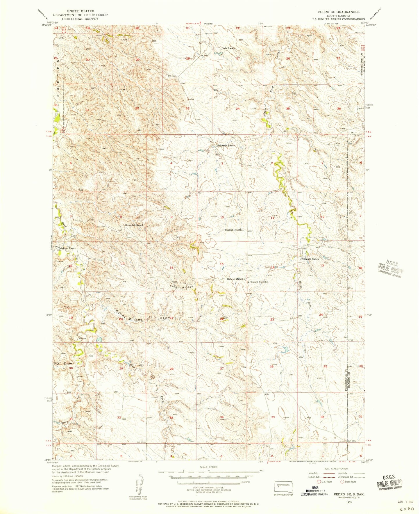 Classic USGS Pedro SE South Dakota 7.5'x7.5' Topo Map Image