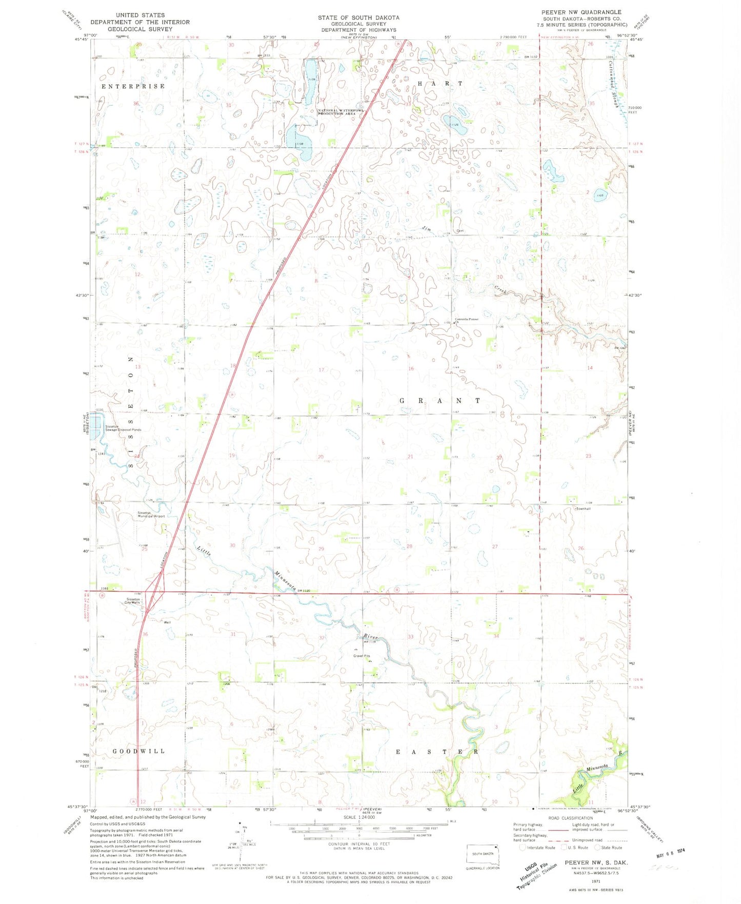 Classic USGS Peever NW South Dakota 7.5'x7.5' Topo Map Image