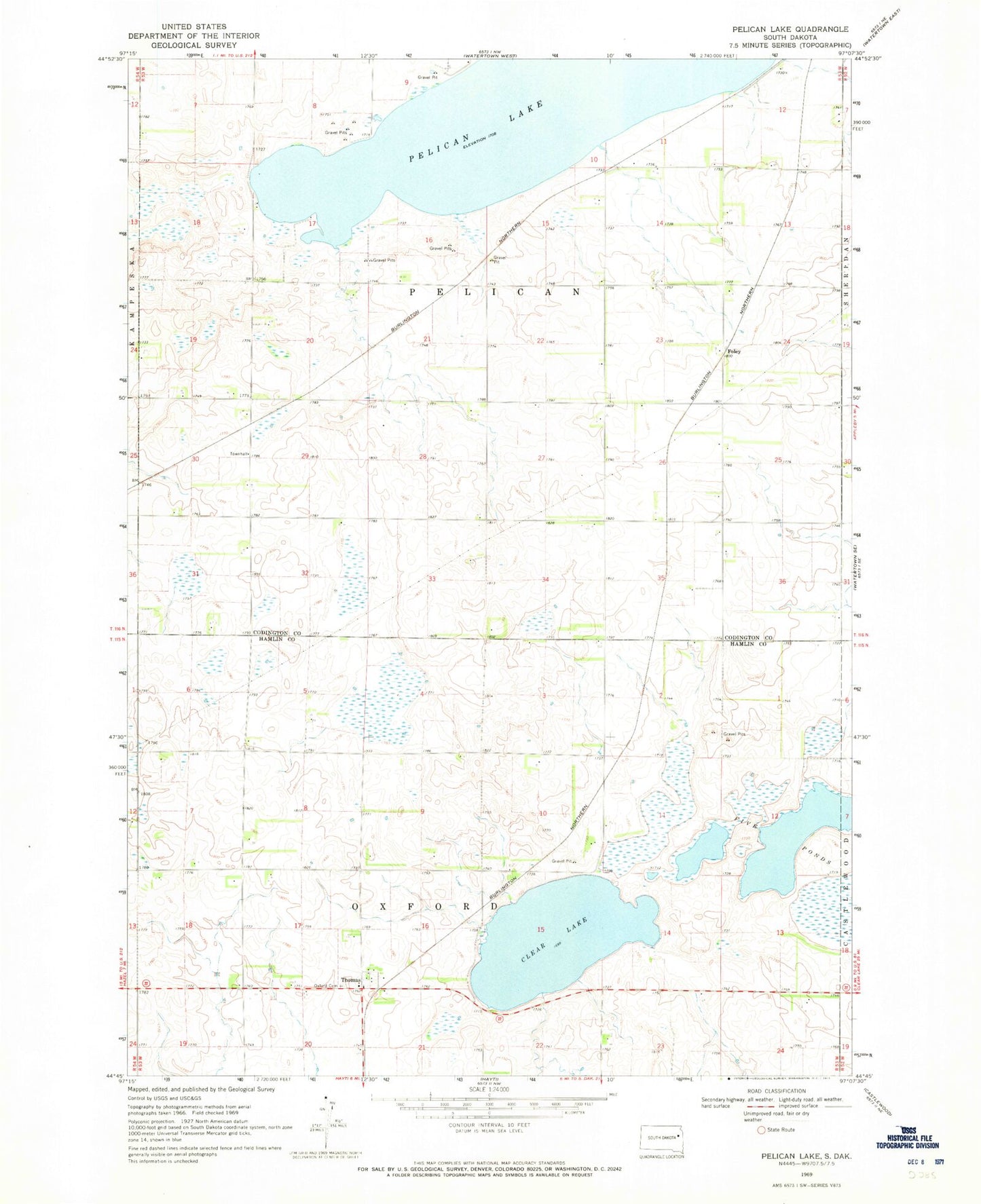 Classic USGS Pelican Lake South Dakota 7.5'x7.5' Topo Map Image