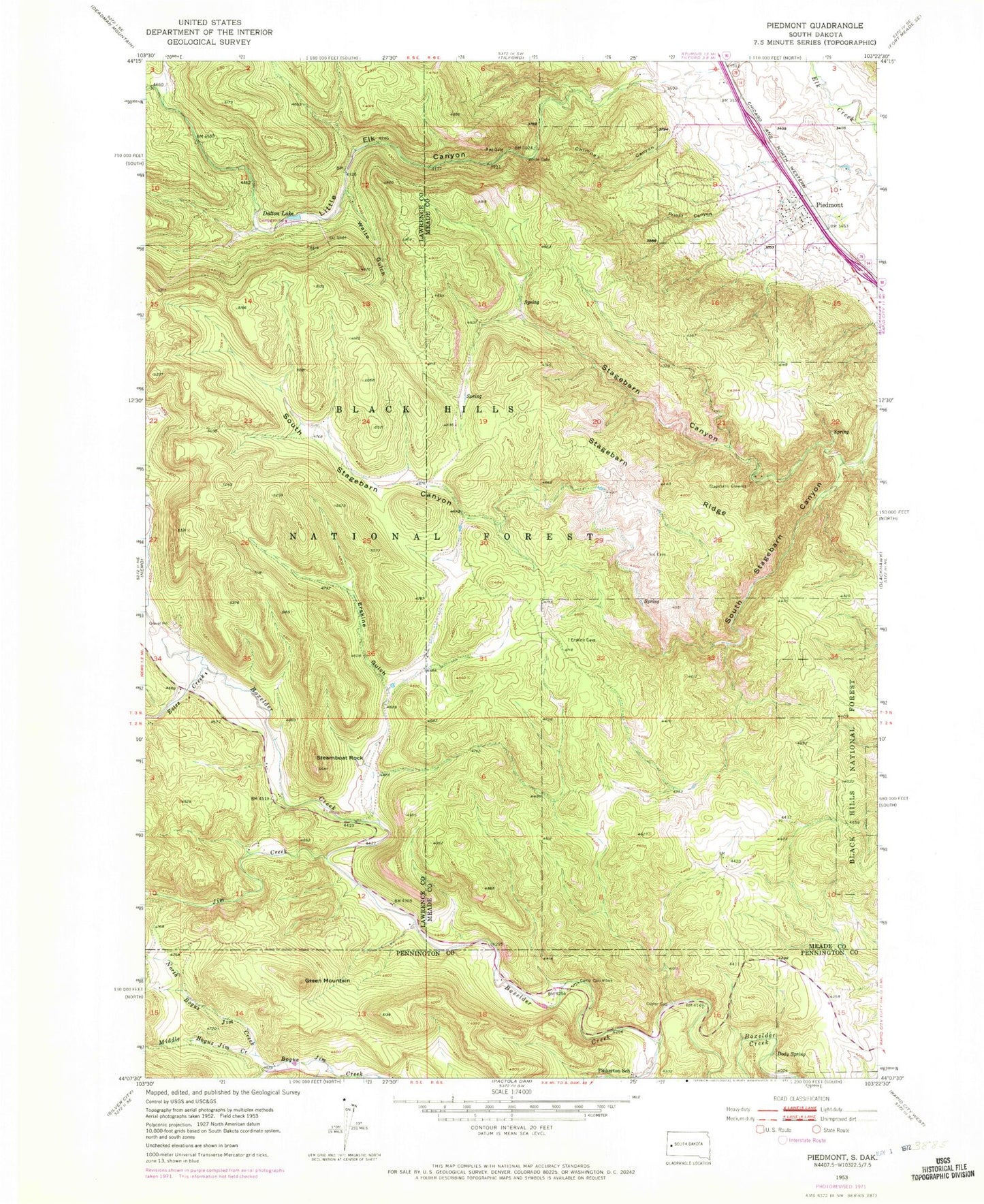 Classic USGS Piedmont South Dakota 7.5'x7.5' Topo Map Image