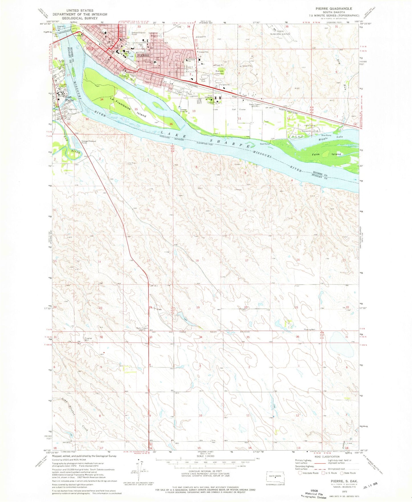Classic USGS Pierre South Dakota 7.5'x7.5' Topo Map Image