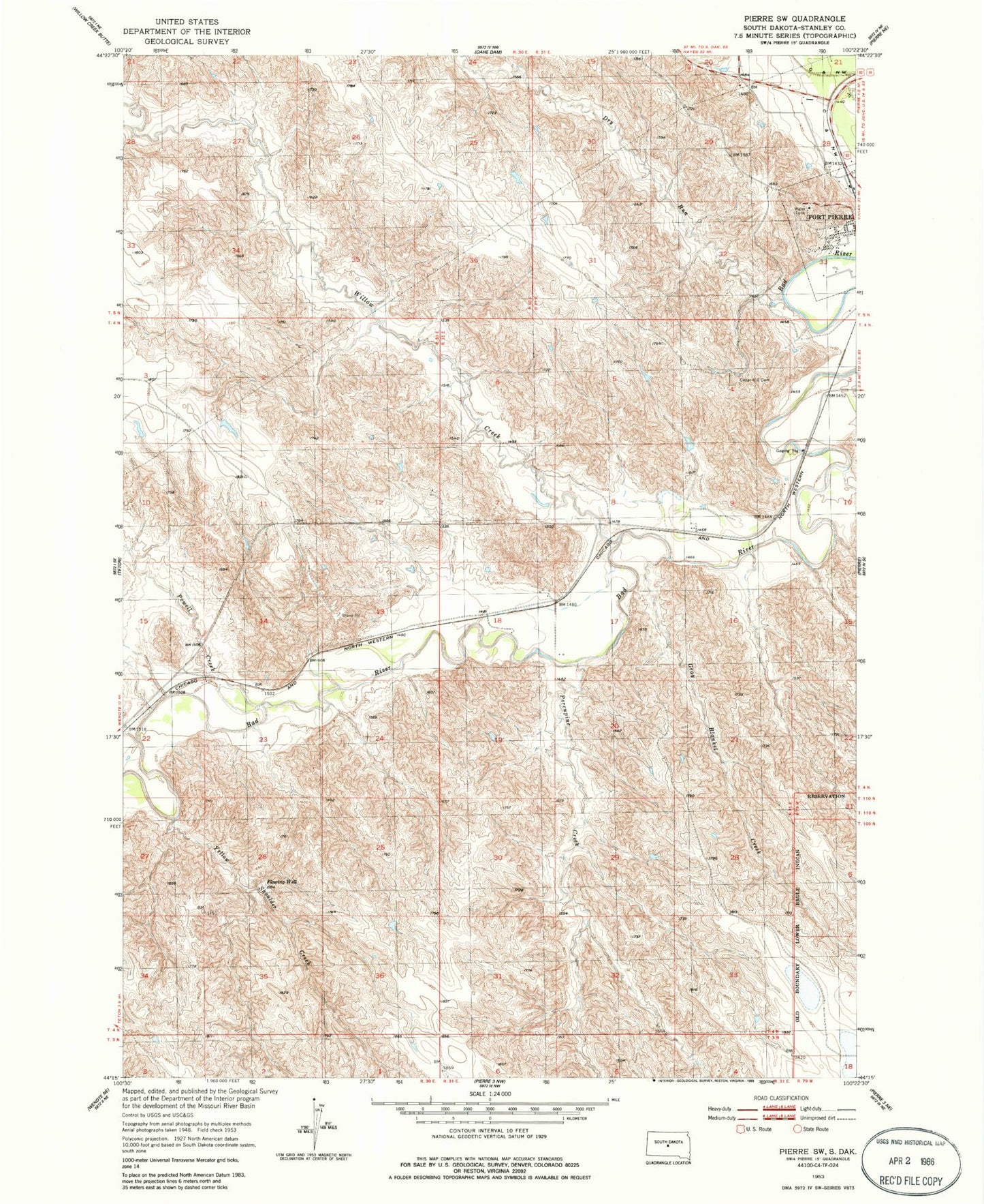 Classic USGS Pierre SW South Dakota 7.5'x7.5' Topo Map Image