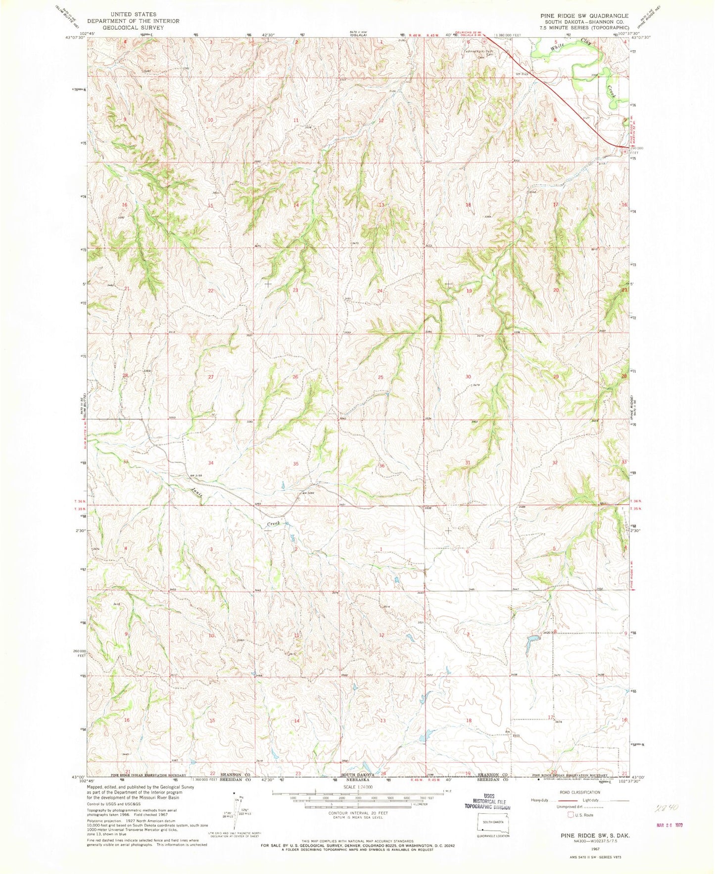 Classic USGS Pine Ridge SW South Dakota 7.5'x7.5' Topo Map Image