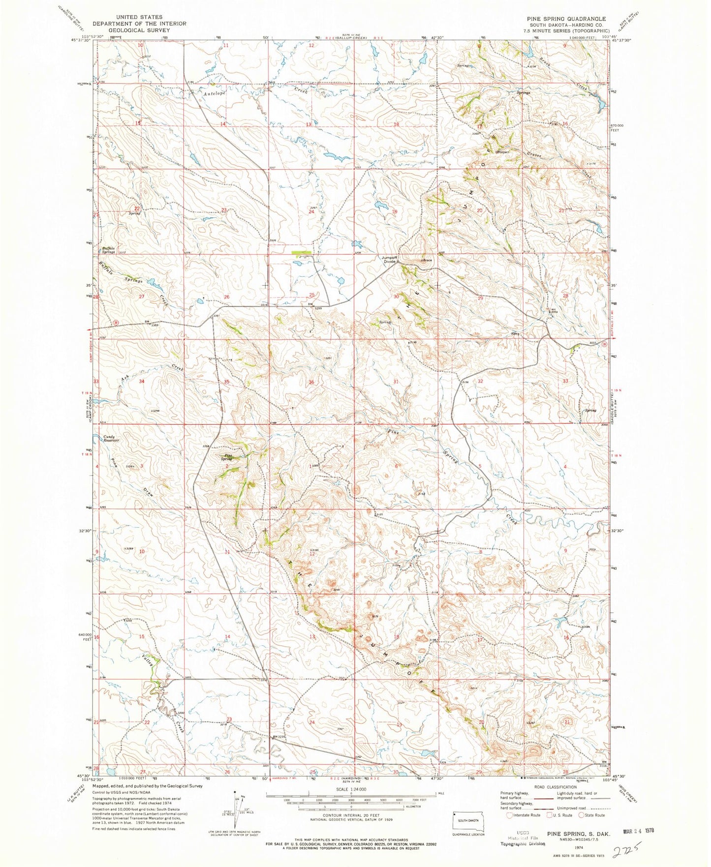 Classic USGS Pine Spring South Dakota 7.5'x7.5' Topo Map Image