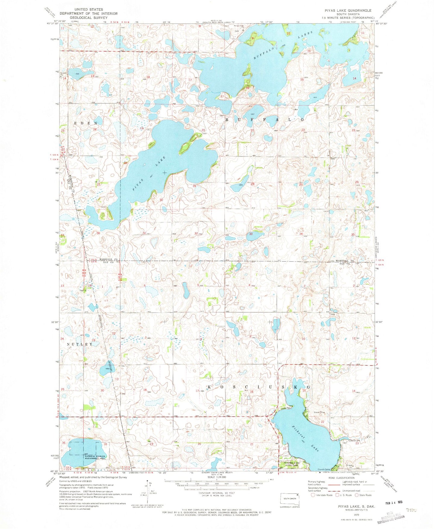 Classic USGS Piyas Lake South Dakota 7.5'x7.5' Topo Map Image