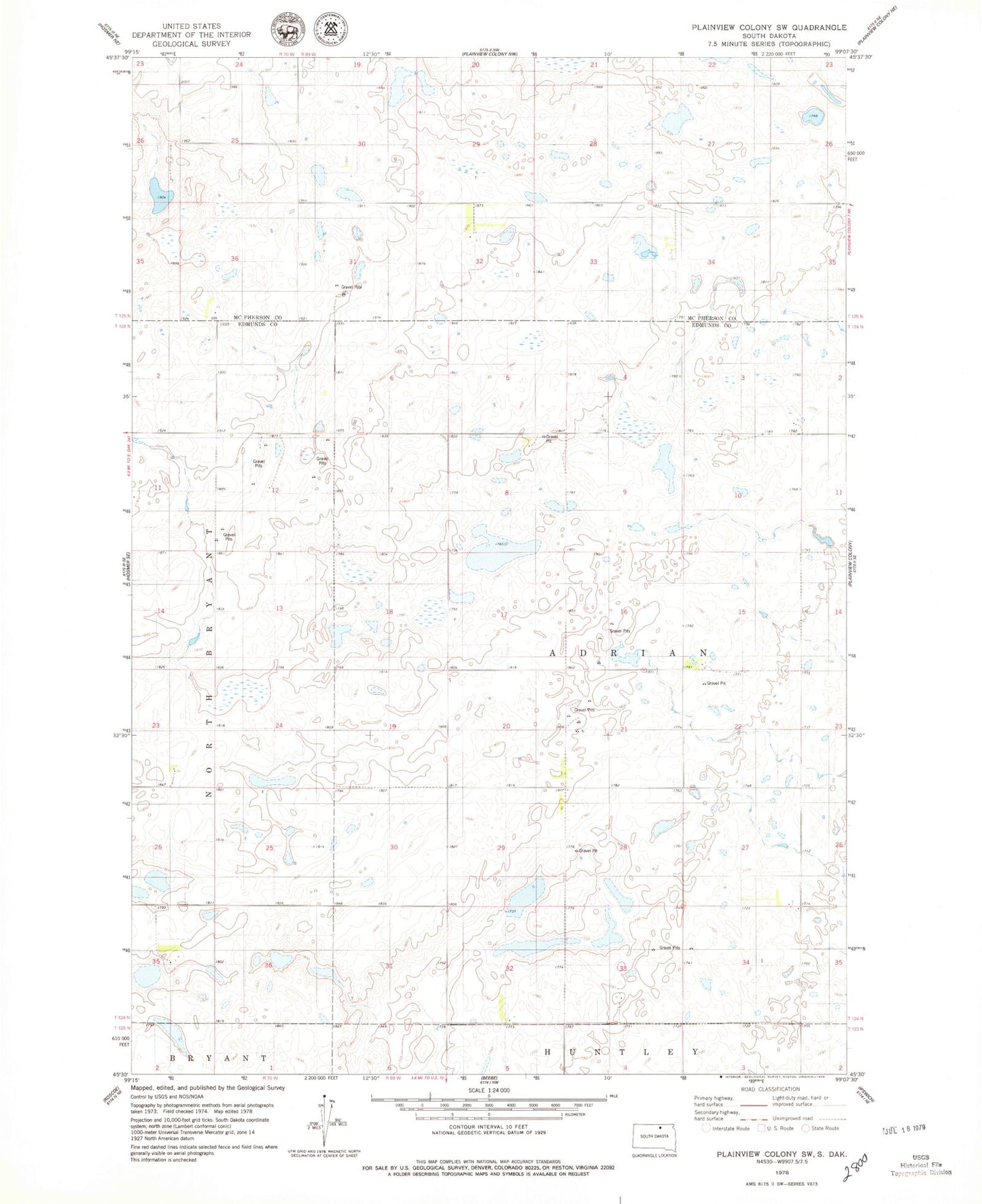 Classic USGS Plainview Colony SW South Dakota 7.5'x7.5' Topo Map Image