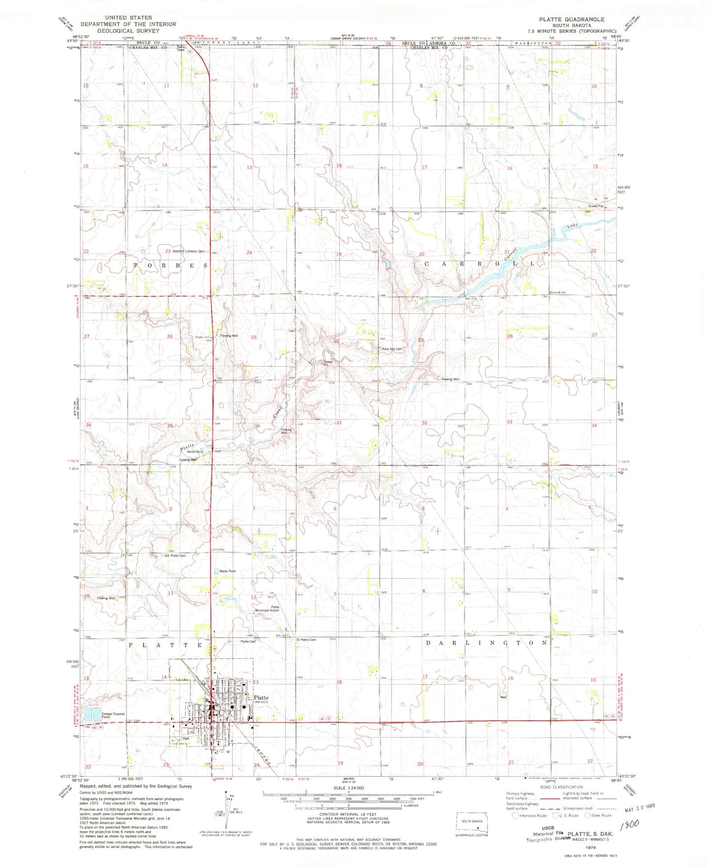 Classic USGS Platte South Dakota 7.5'x7.5' Topo Map Image