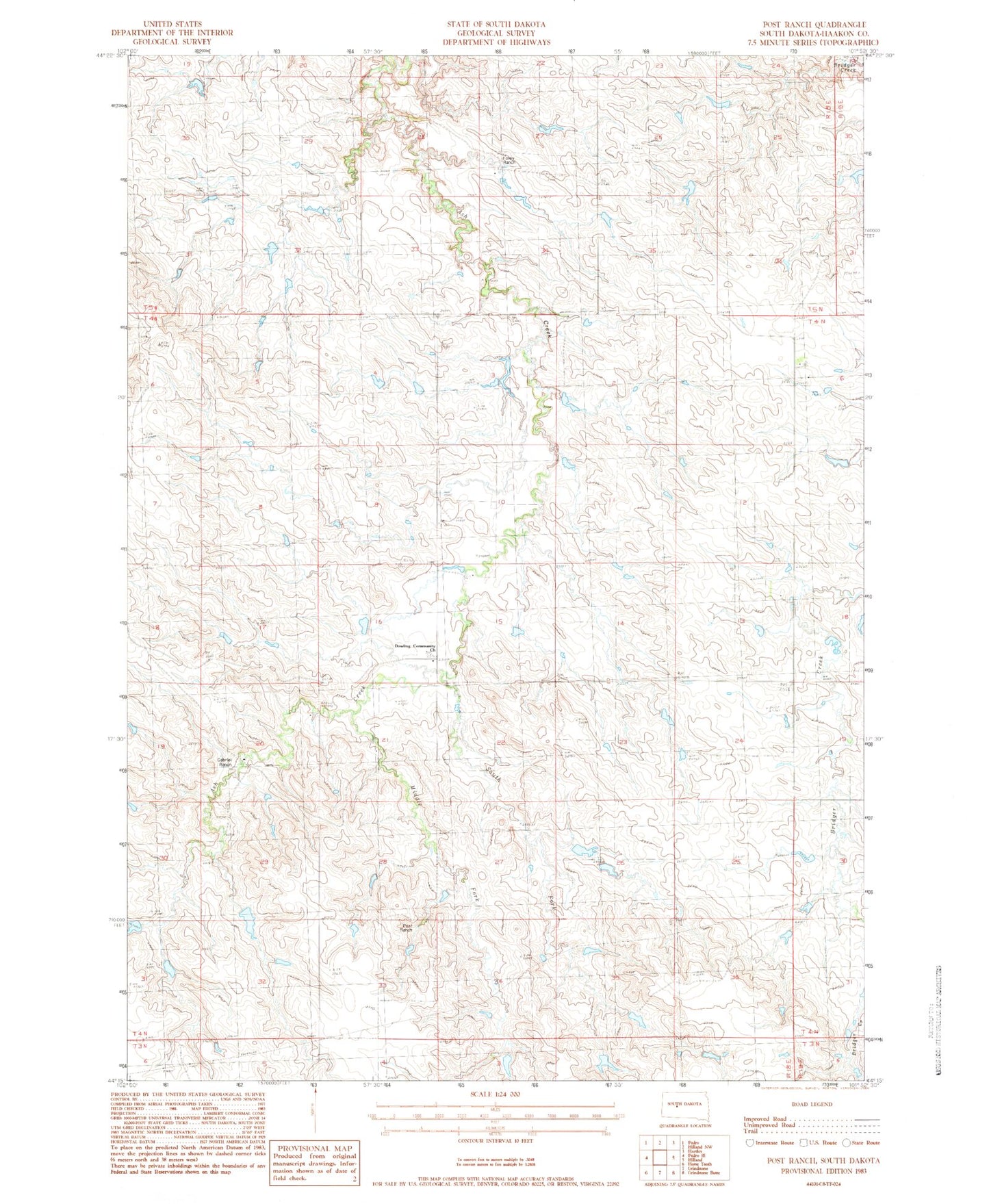 Classic USGS Post Ranch South Dakota 7.5'x7.5' Topo Map Image
