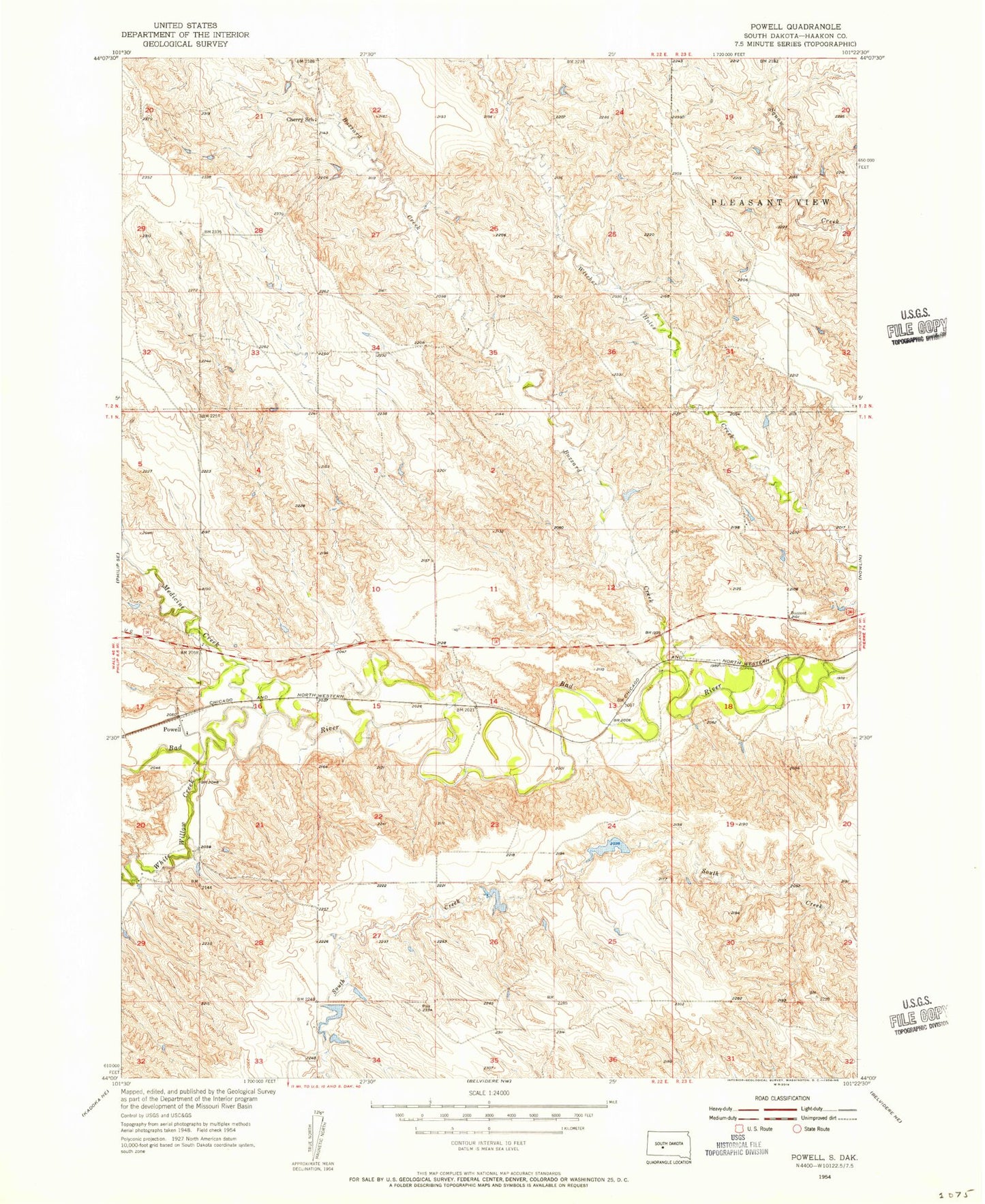 Classic USGS Powell South Dakota 7.5'x7.5' Topo Map Image
